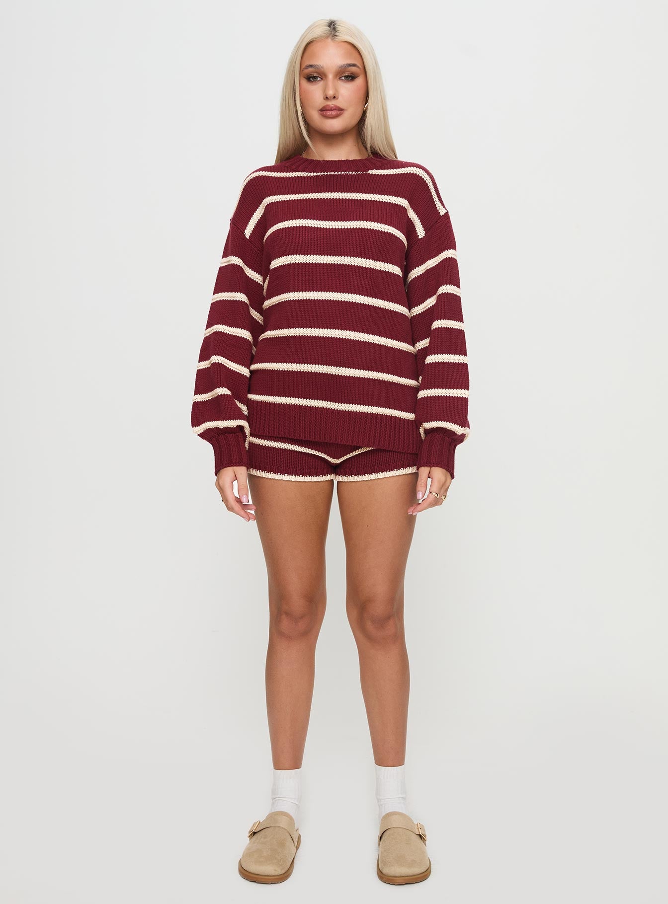 Read Your Mind Knit Short Maroon Stripe Sale Low Pice