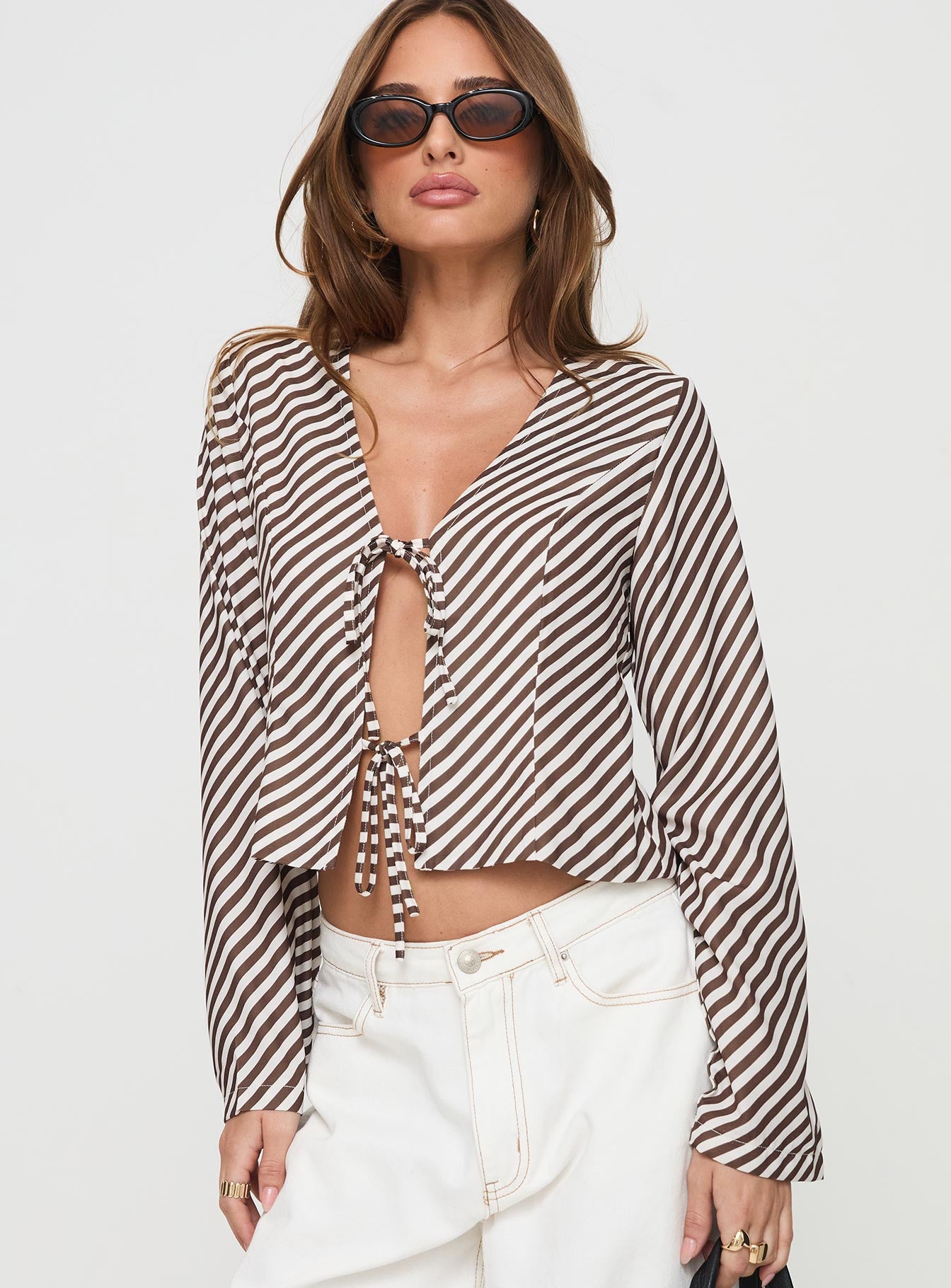 Maxette Long Sleeve Tie Top Brown Stripe Buy Cheap Factory Outlet