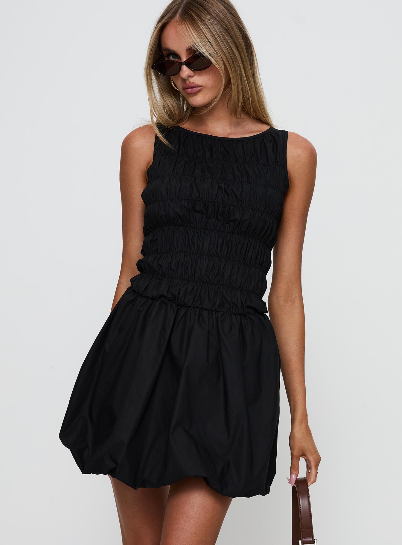 Demure Shirred Bubble Hem Mini Dress Black For Cheap Cheap Online