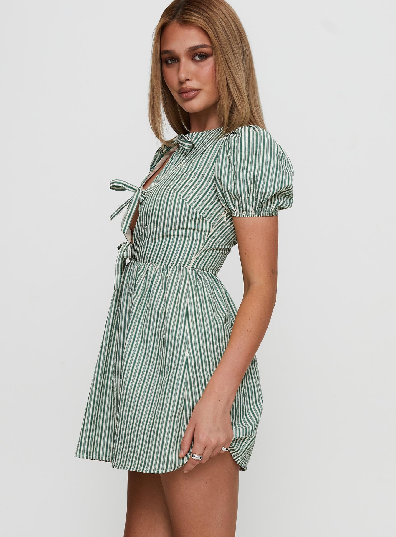 Nurture Bow Mini Dress Green Stripe Shop Offer For Sale