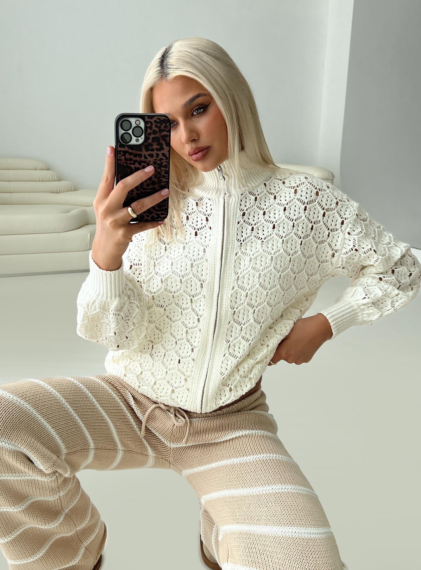 Sirena Zip Through Knit Sweater Cream For Cheap Online