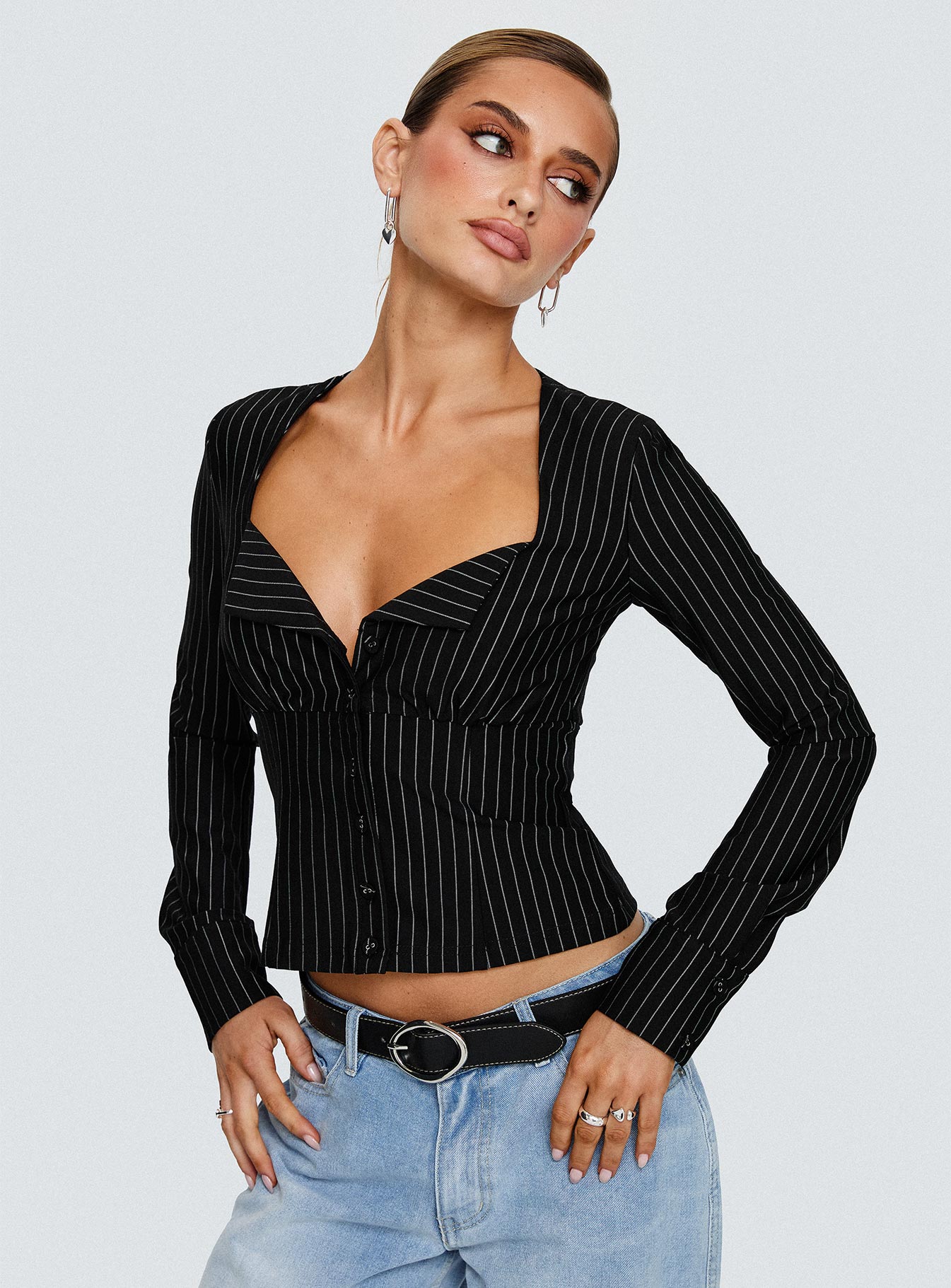 Set For Life Foldover Detail Long Sleeve Top Black / White Pinstripe Cheap Wiki