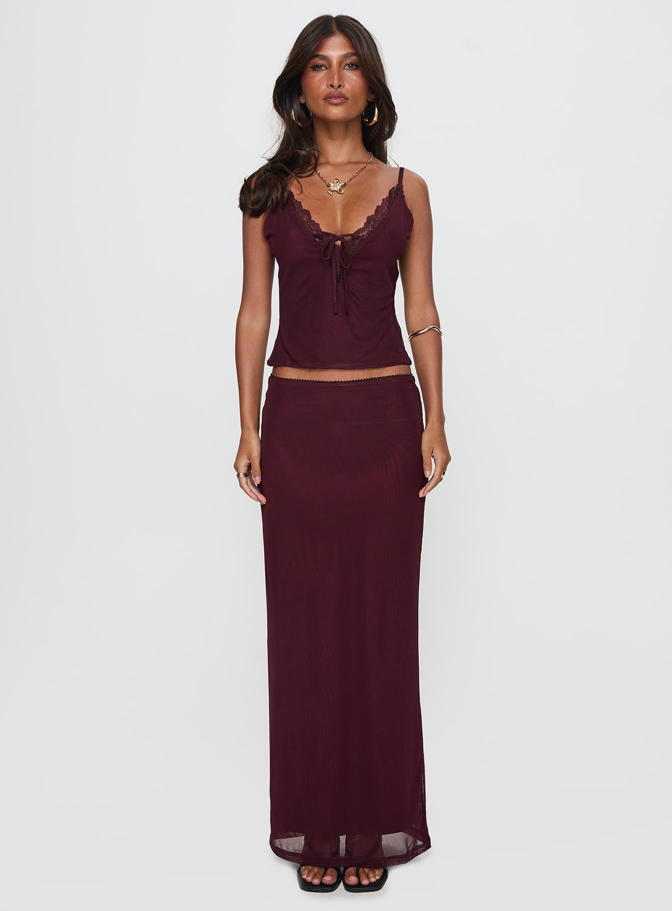 Reiko Lace Trim Tie Front Maxi Set Burgundy Online Online With Mastercard