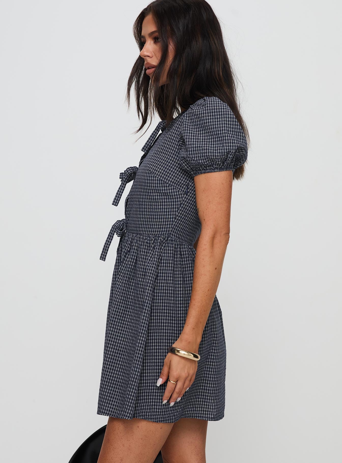 Nurture Bow Mini Dress Navy Check Cheap Best Sale
