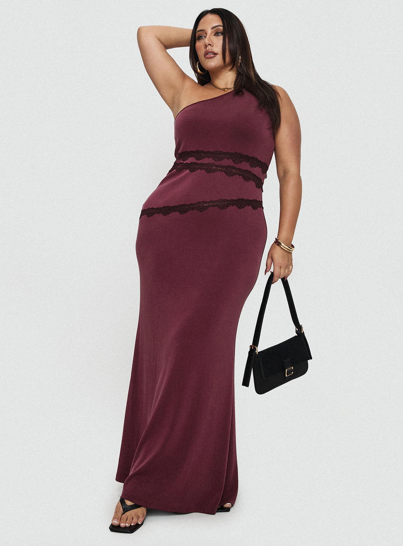 Ultraviolet One Shoulder Lace Maxi Dress Wine Curve Pre Order Online