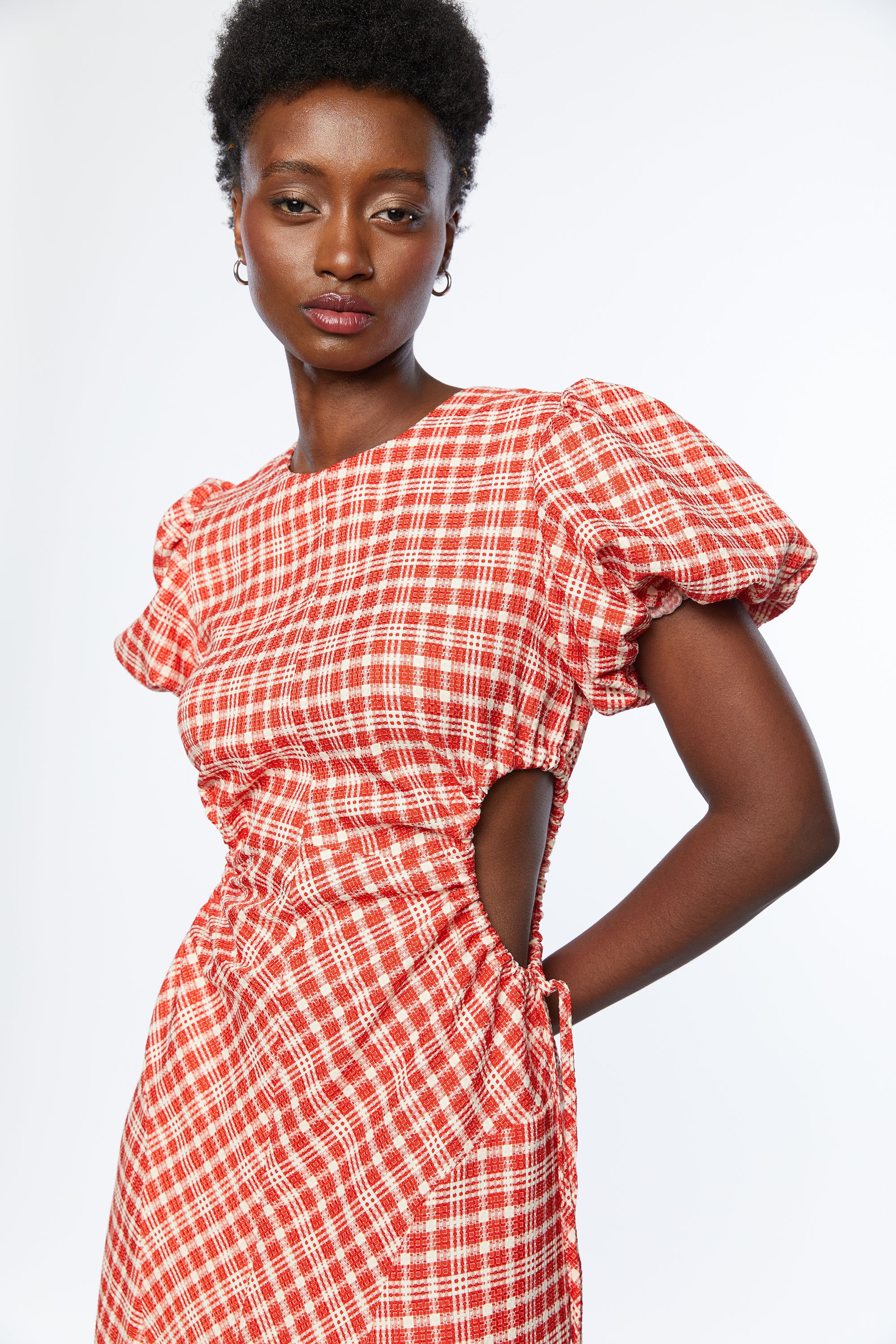 PLAID PUFF SLEEVE DRESS WITH CUTOUTS Sale Geniue Stockist