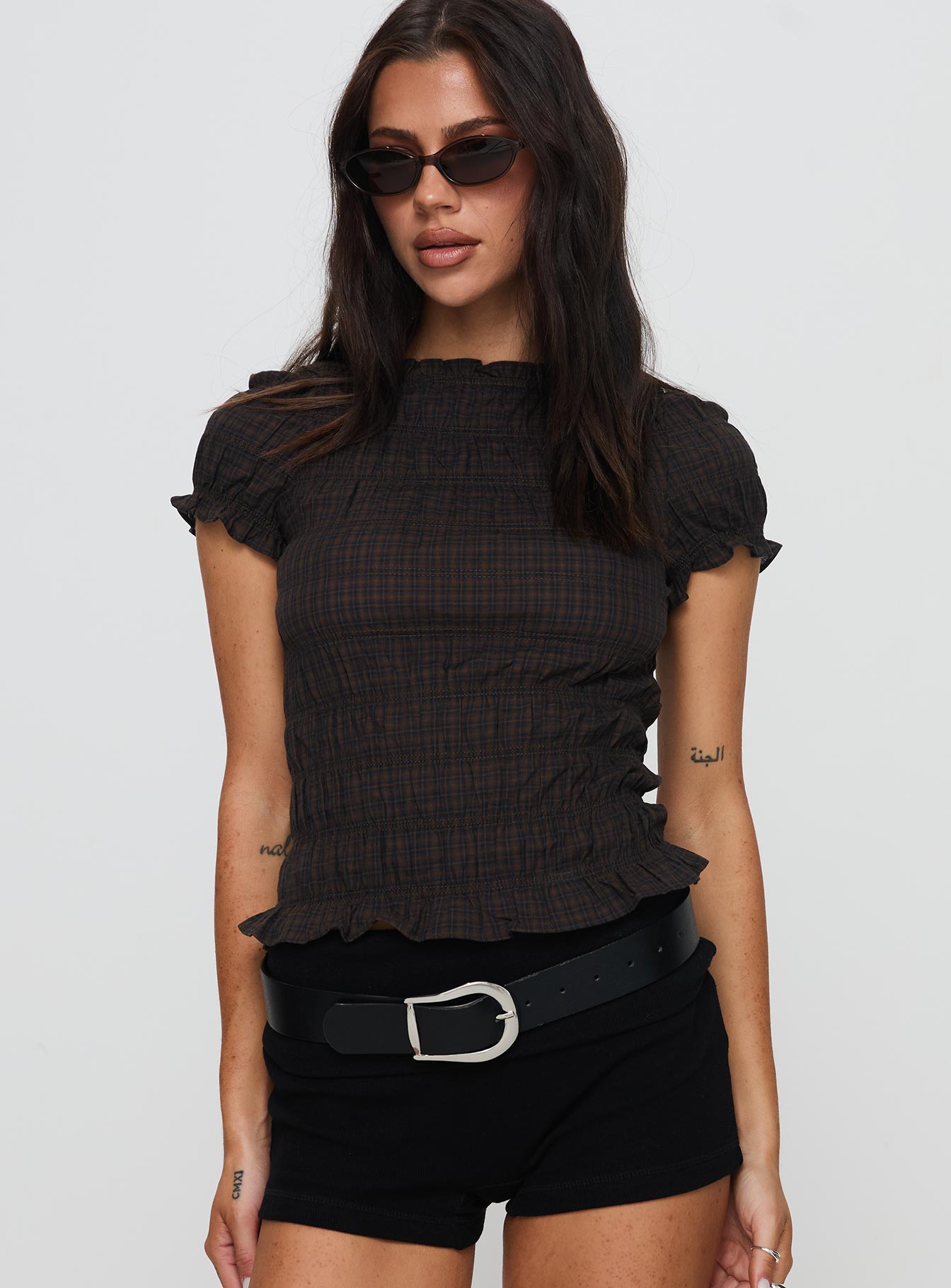 Romelle Shirred Top Black / Brown Plaid Outlet Visit