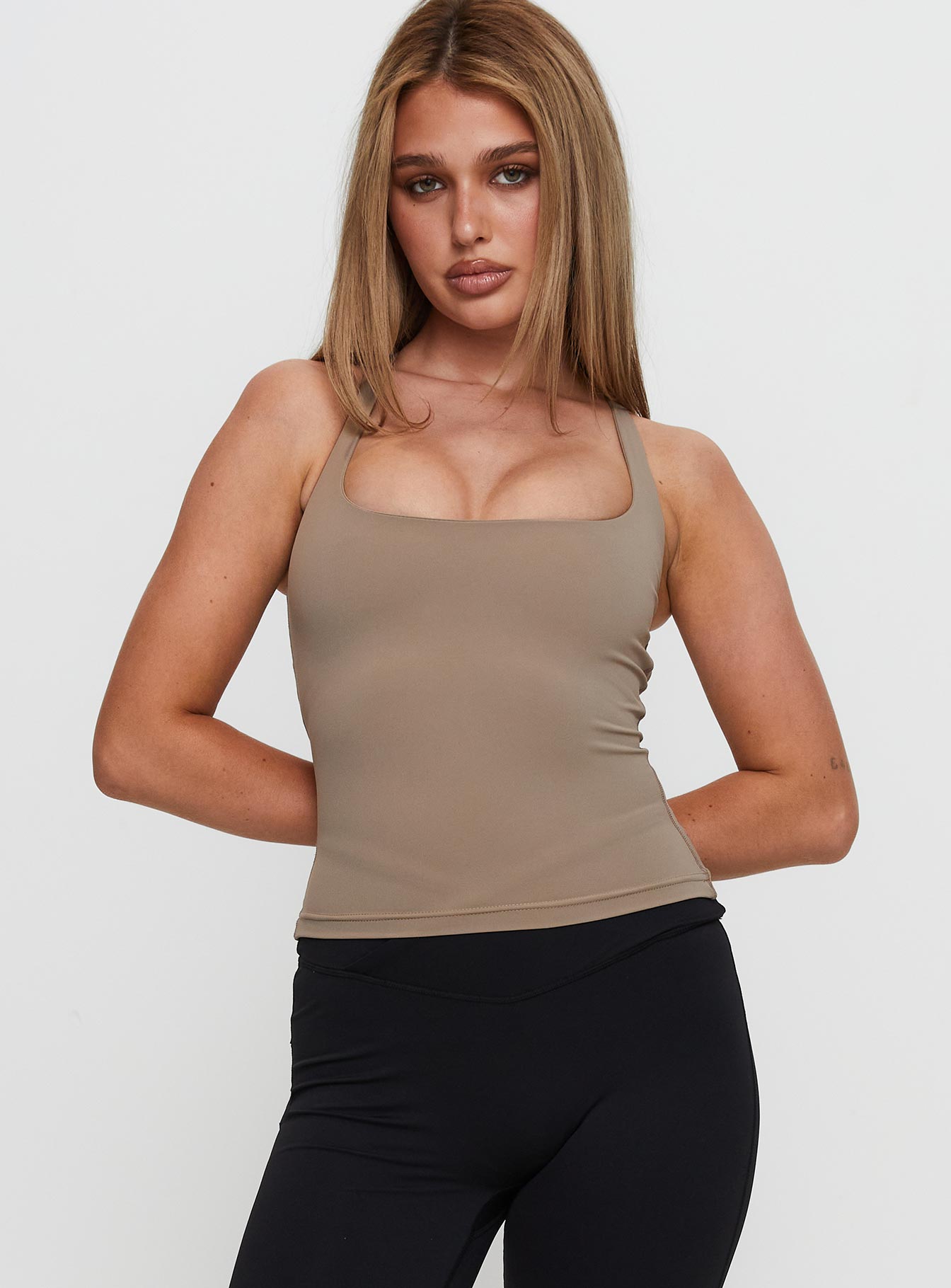 Layup Active Longline Cross Back Top Taupe Buy