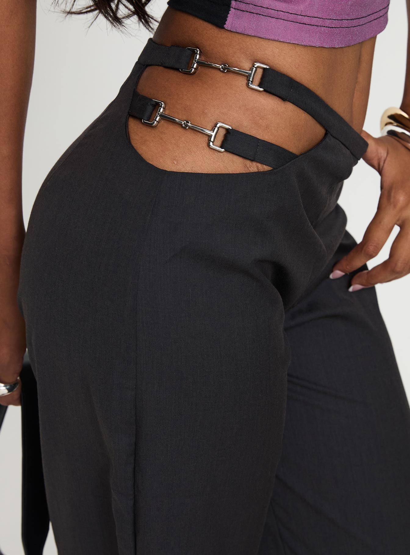 Nights Like This Cut Out Buckle Detail Pants Charcoal Inexpensive For Sale