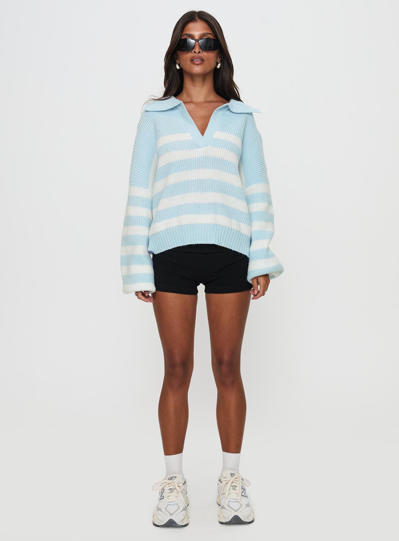 Carolena Long Sleeve Collared Knit Sweater Blue / White Stripe 2025 Newest Sale Online