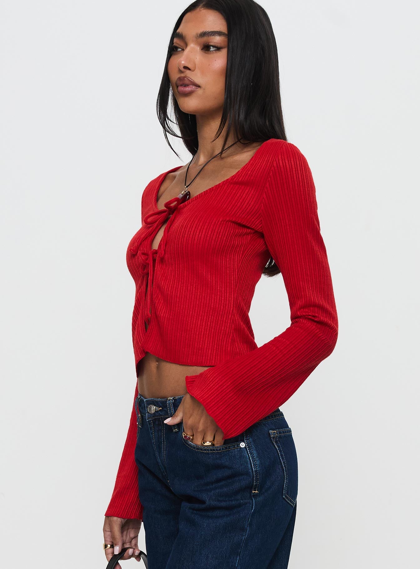 Rowynne Long Sleeve Tie Up Top Red Choice Cheap Pice