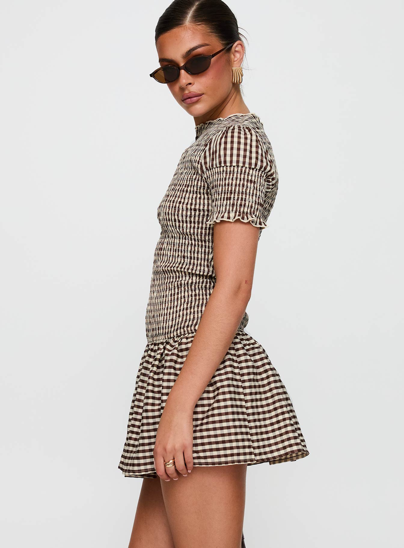 Laurita Shirred Mini Dress Brown Check Clearance With Mastercard