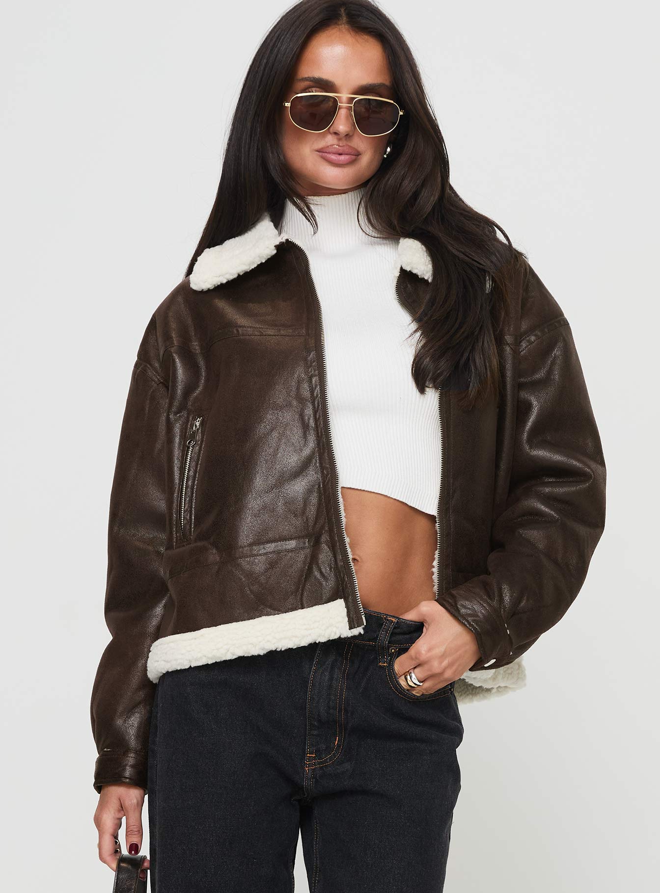 Solara Faux Leather Shearling Jacket Chocolate Cheap Sale Footlocker Finishline