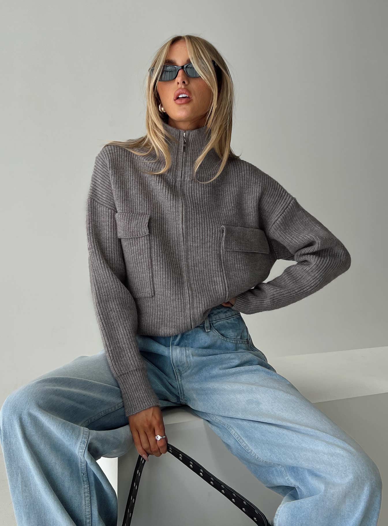 Too Busy Zip Up Sweater Grey Cheap Pice From China