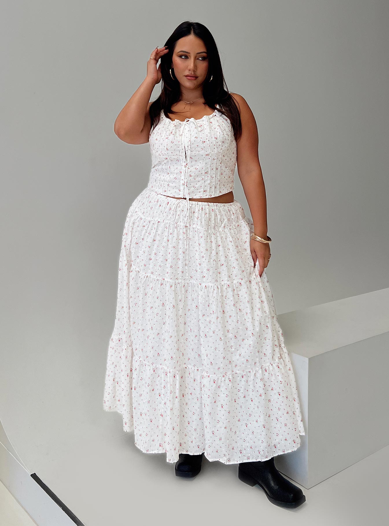 Cherry On Top Maxi Skirt White Floral Curve View Cheap Pice