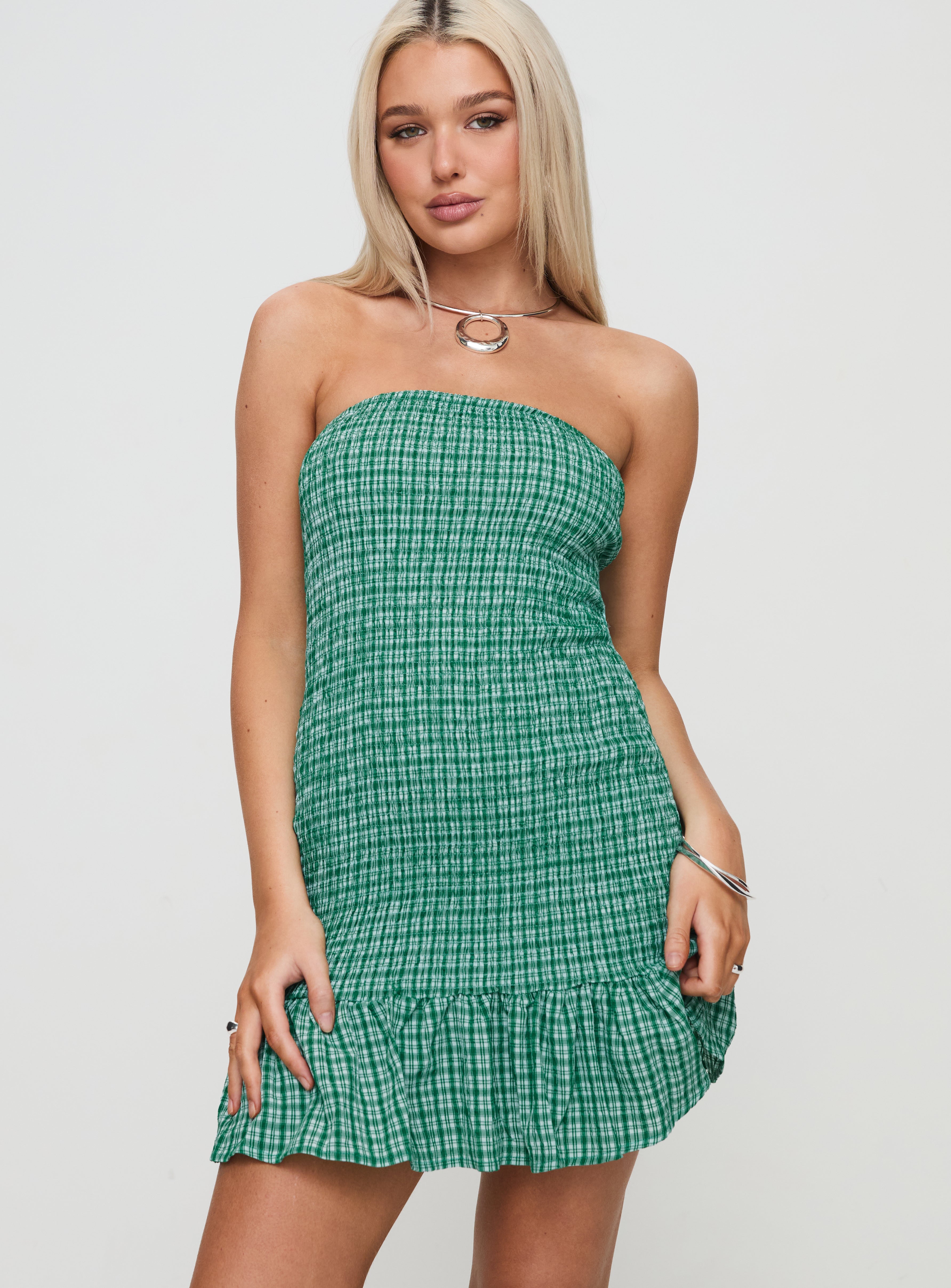 Porschia Strapless Mini Dress Green Check Clearance 2025