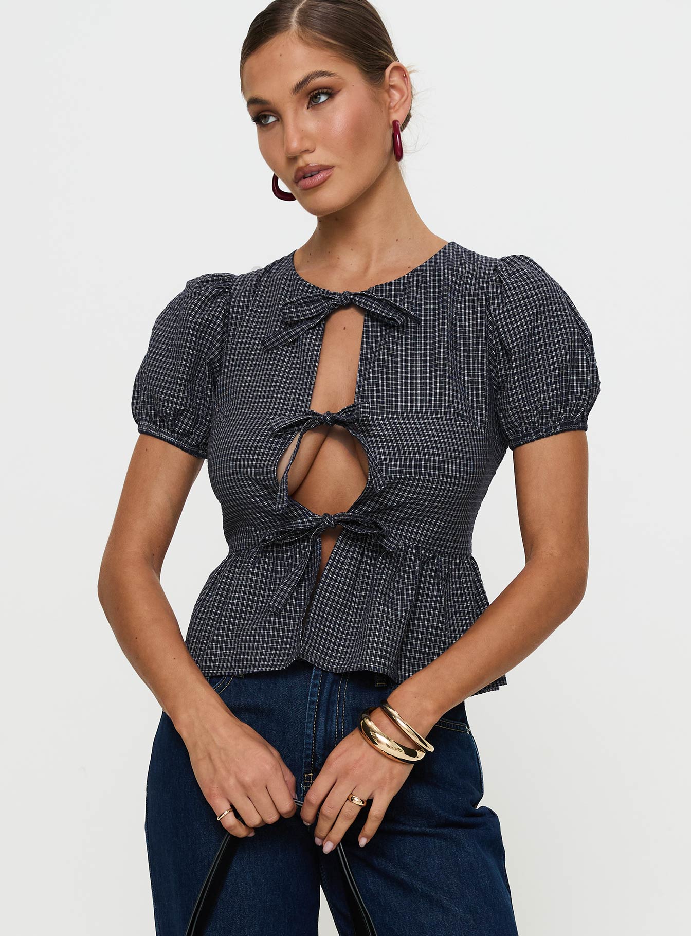 Verah Tie Up Puff Sleeve Top Navy Check Discount Order