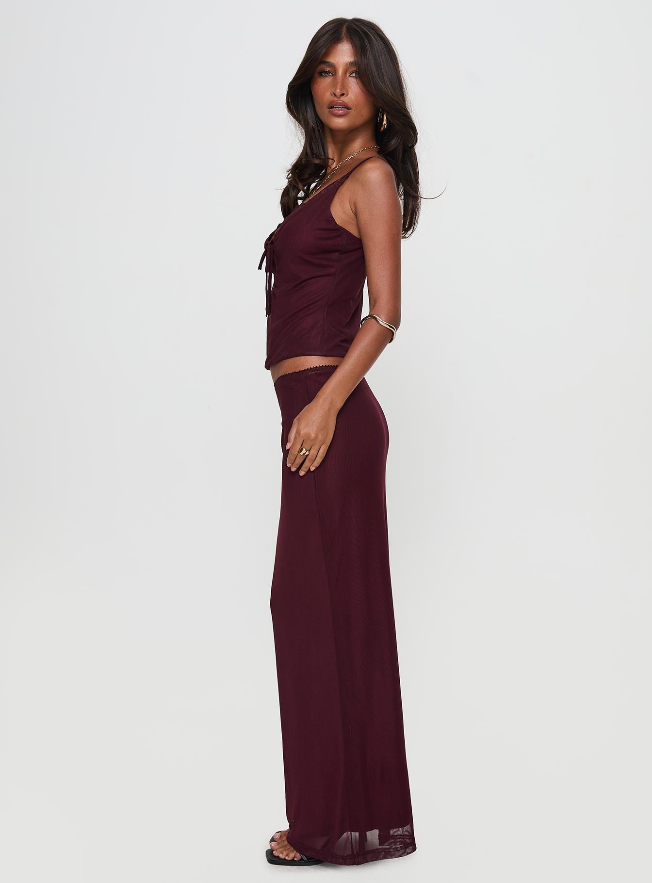 Reiko Lace Trim Tie Front Maxi Set Burgundy Online Online With Mastercard