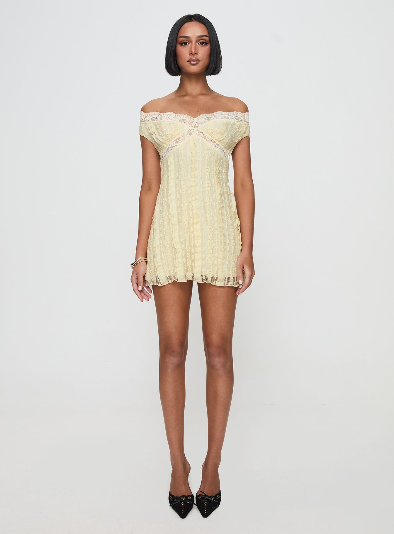 Bonnin Off The Shoulder Lace Mini Dress Yellow 2025 New Sale Online