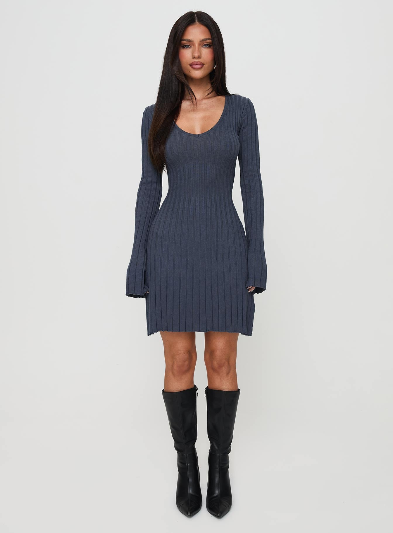 Liberte Ribbed Long Sleeve Mini Dress Charcoal Reliable