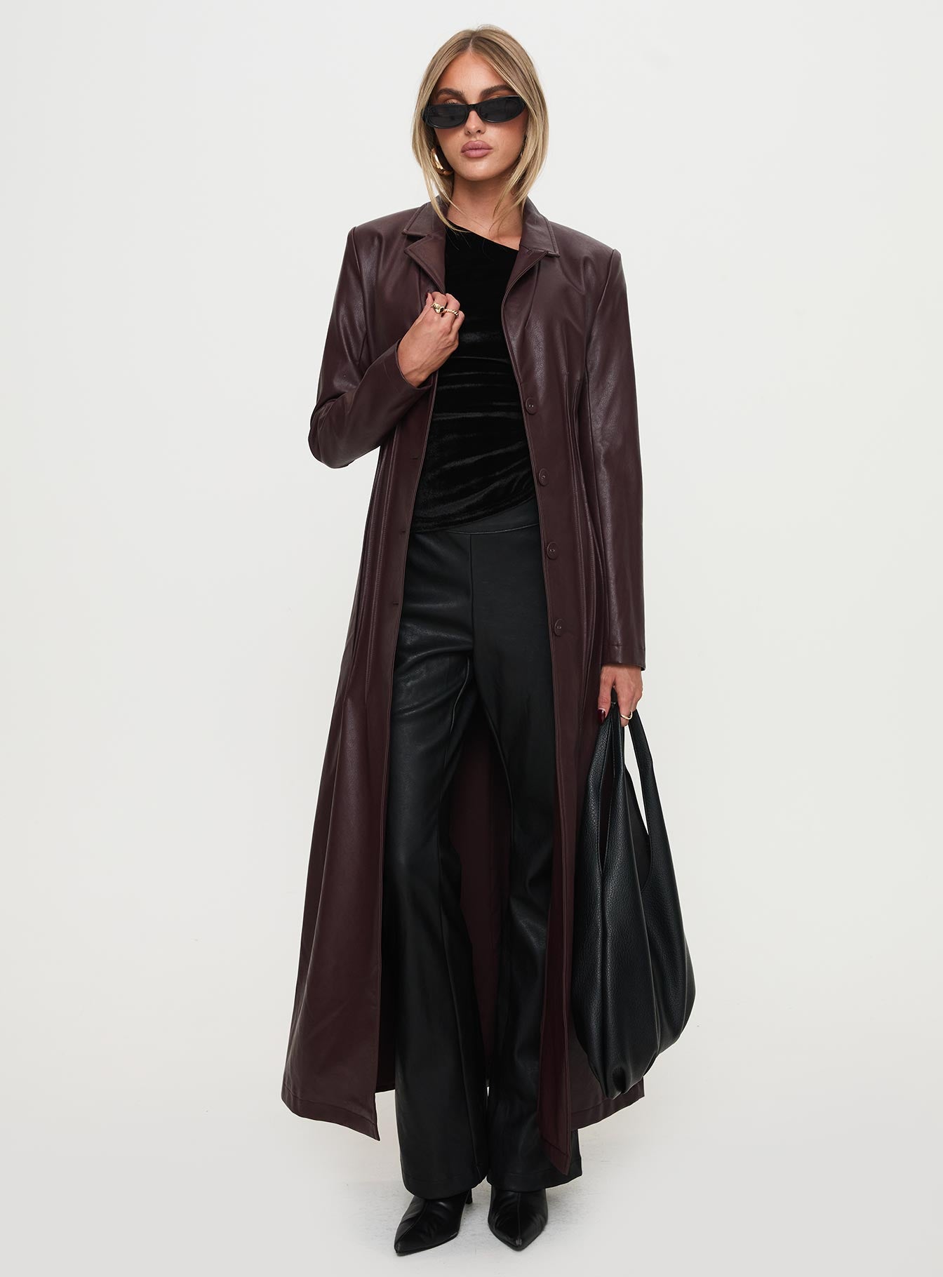 Speak Easy Long Line Faux Leather Coat Burgundy Clearance Affordable