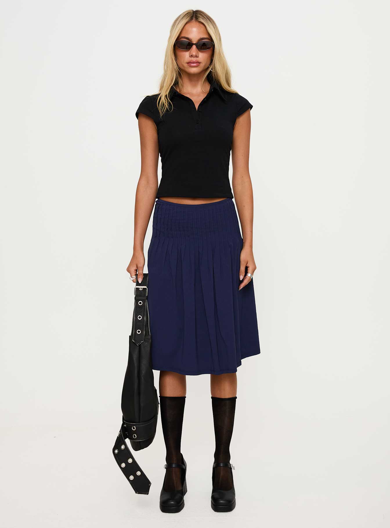 Elaila Pleat Midi Skirt Navy Clearance Amazing Pice