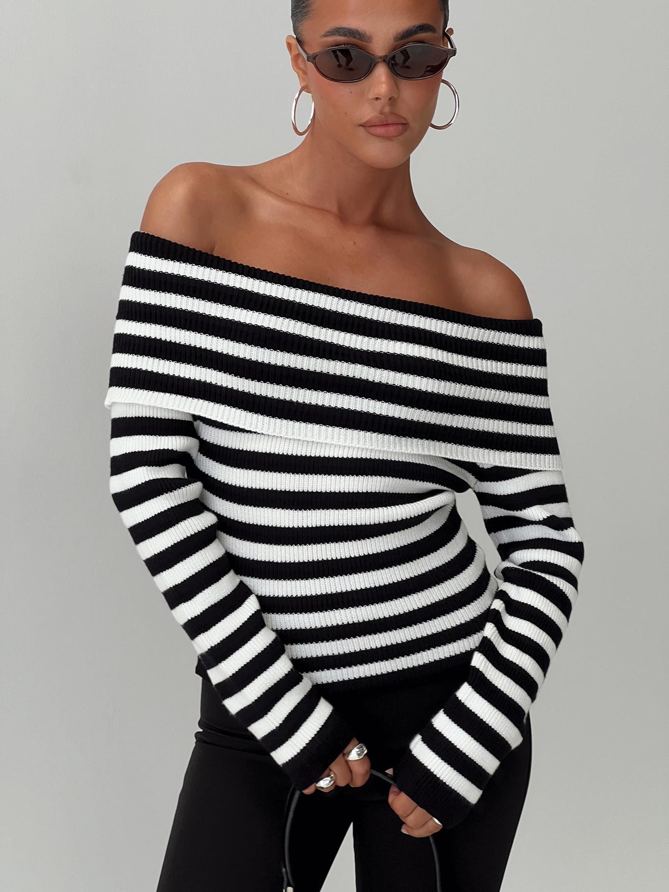 Danyel Off The Shoulder Sweater Black / White Stripe Sale Big Discount