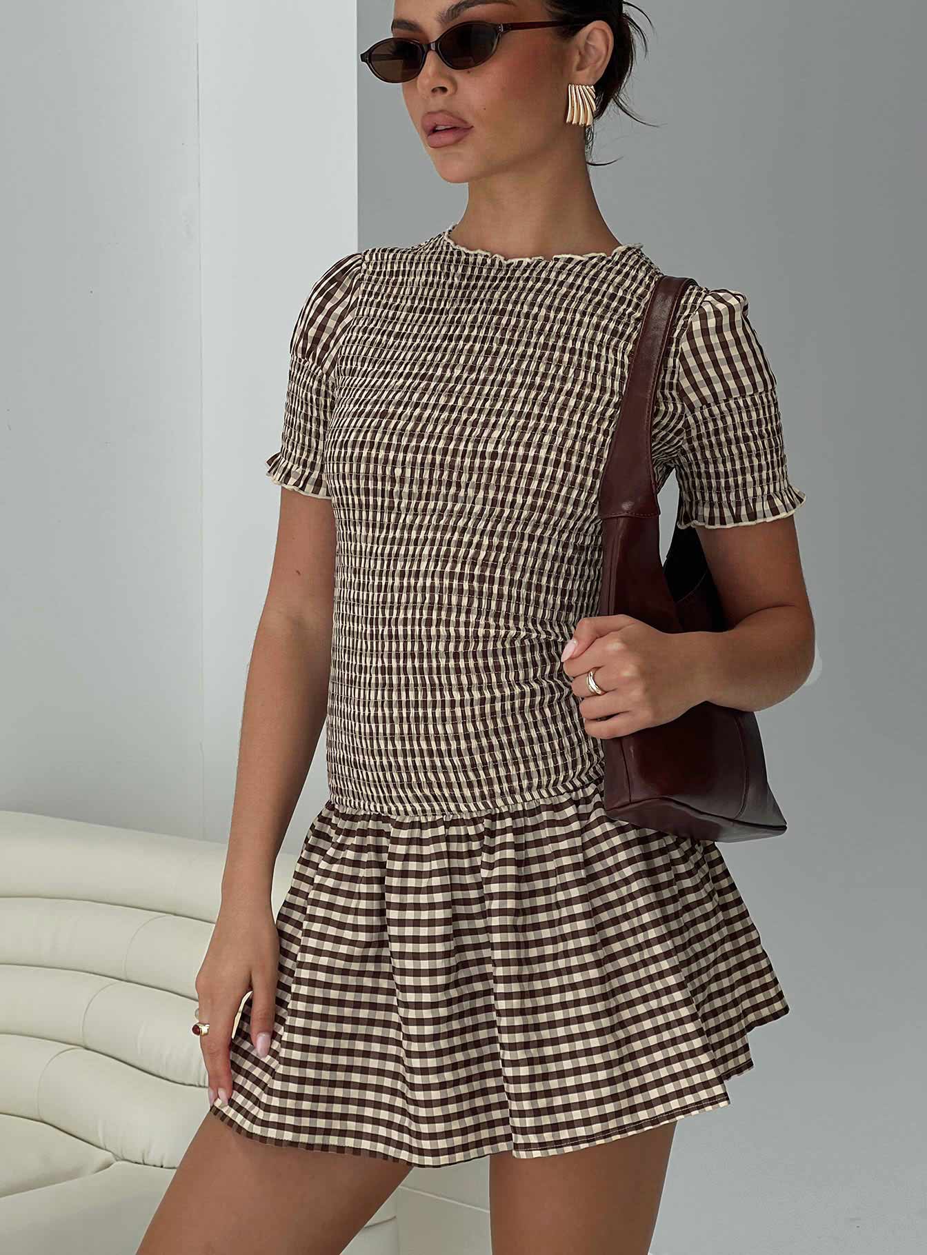 Laurita Shirred Mini Dress Brown Check Clearance With Mastercard