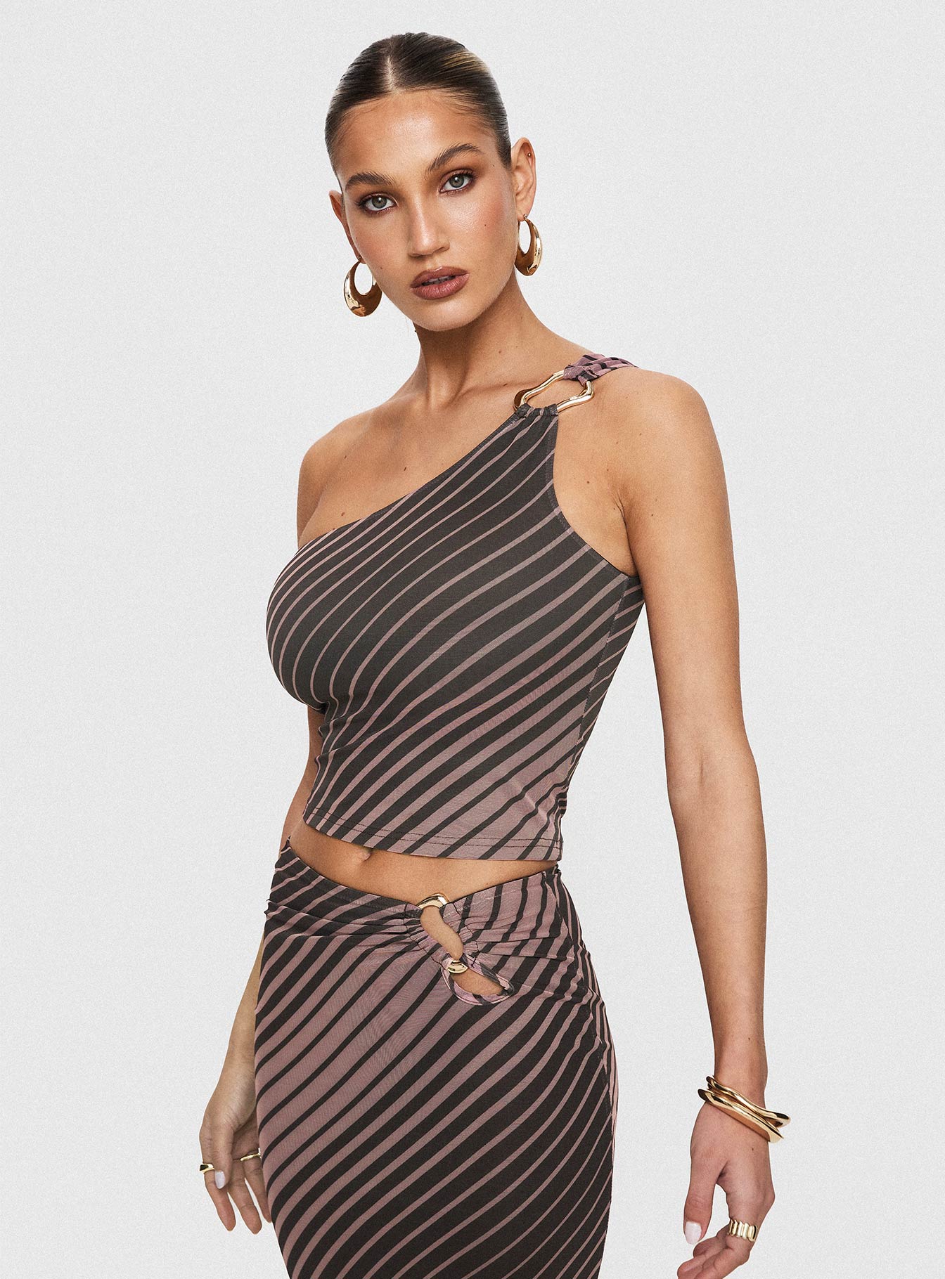 Rios One Shoulder Top Brown Stripe Clearance Get To Buy