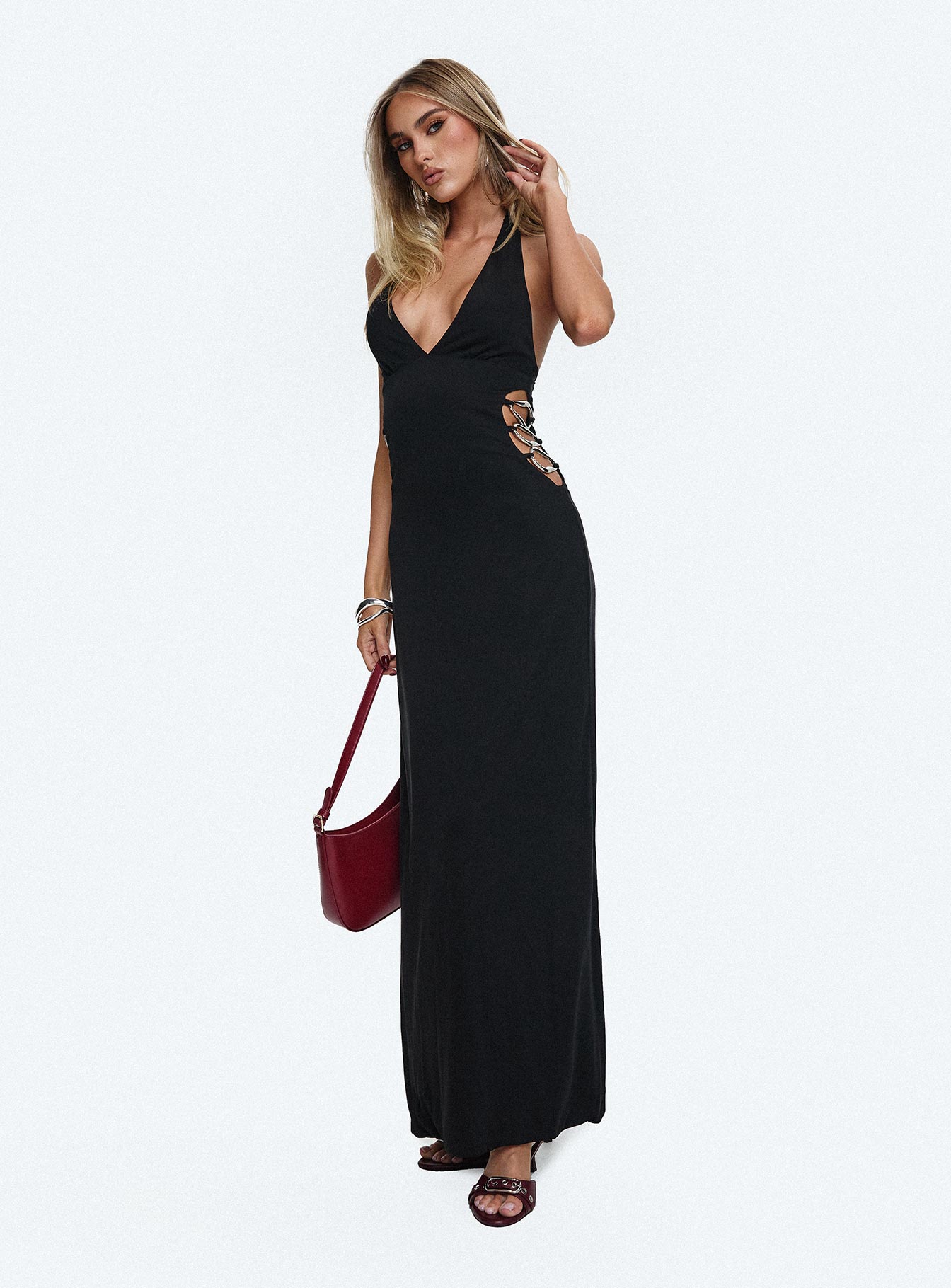 Make A Fortune Hardware Halter Maxi Dress Black Comfortable Cheap Pice