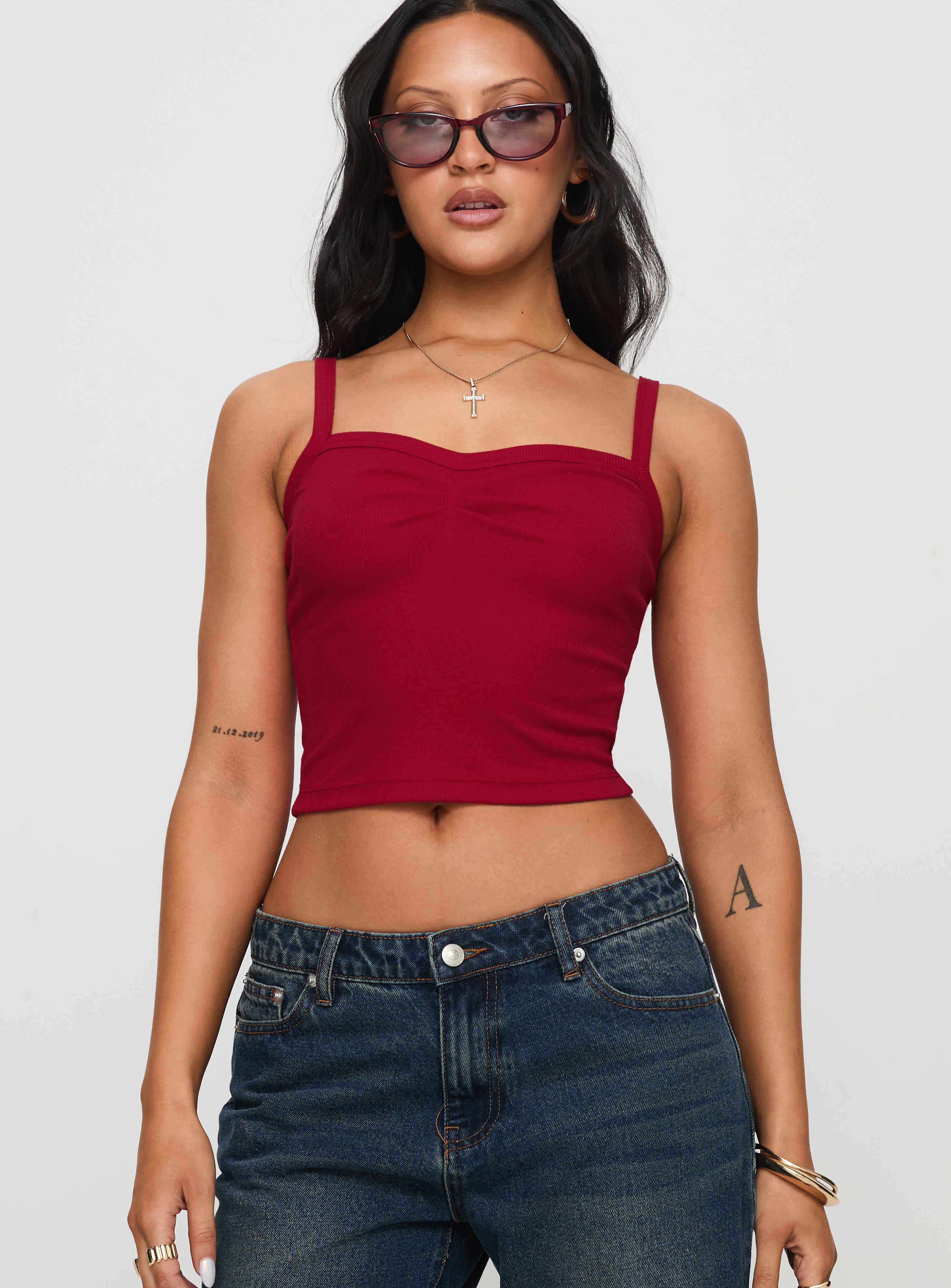 Essentials Ruched Rib Cami Top Red Discount Inexpensive