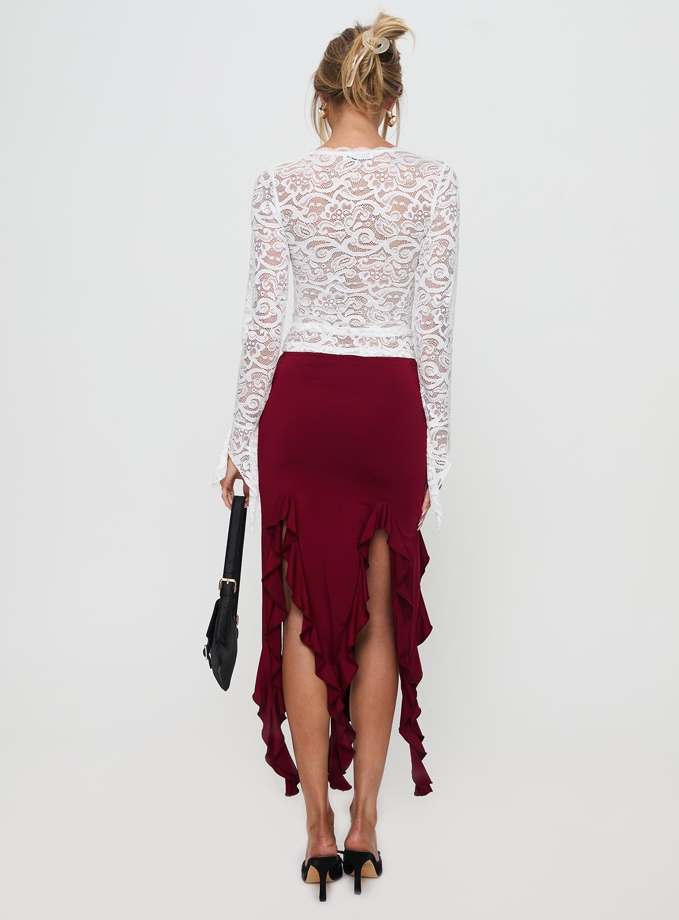 Peachey Asymmetric Ruffle Midi Skirt Burgundy Discount Get To Buy