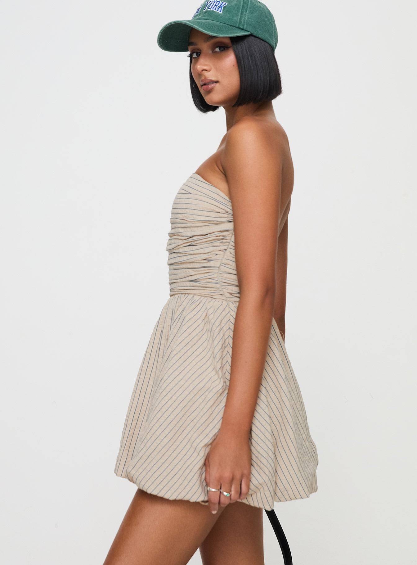 Quinette Strapless Bubble Hem Mini Dress Beige Stripe Deals Cheap Online