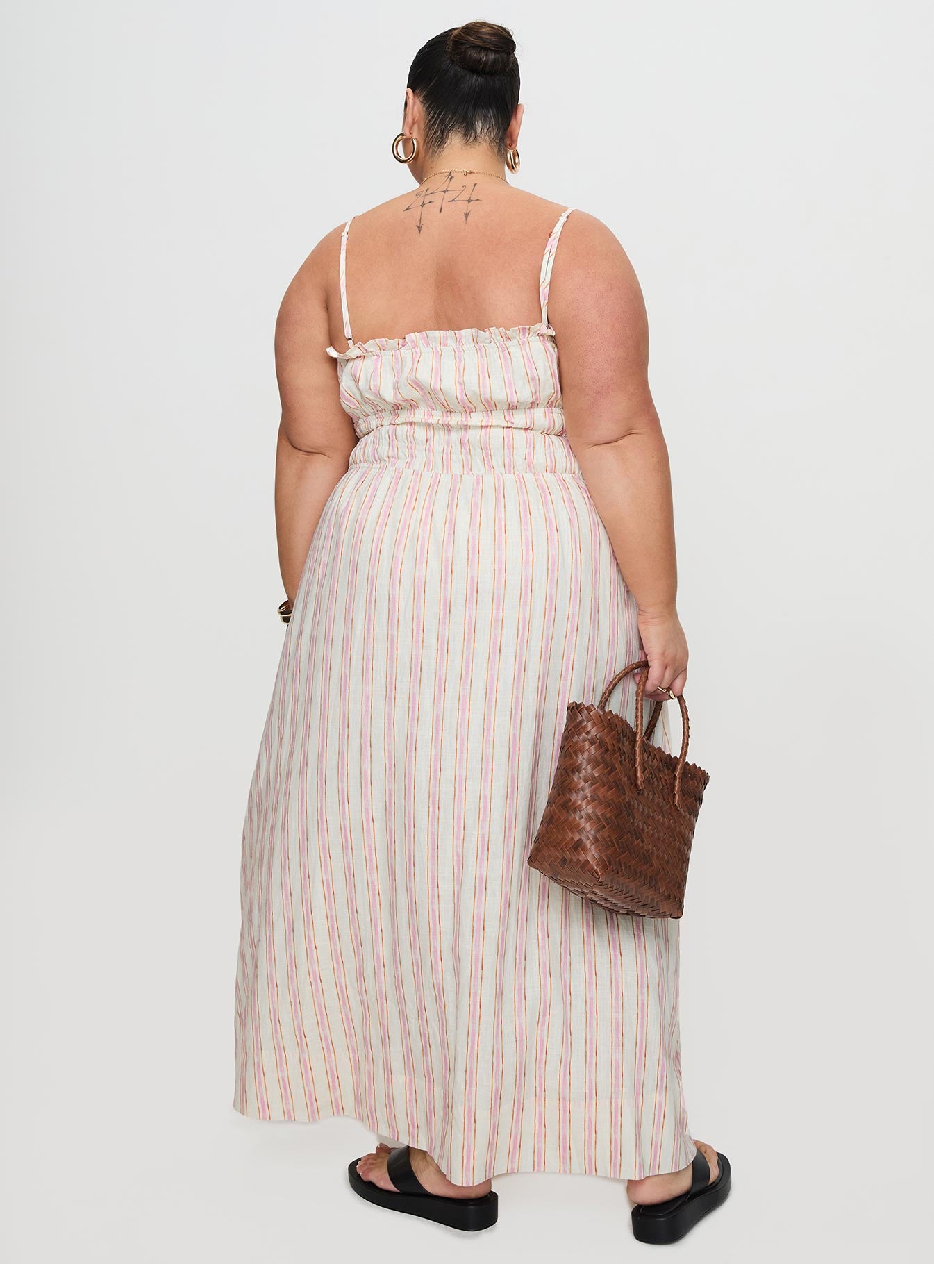 Persephone Shirring Linen Maxi Dress Pink Stripe Curve Discount Best Seller