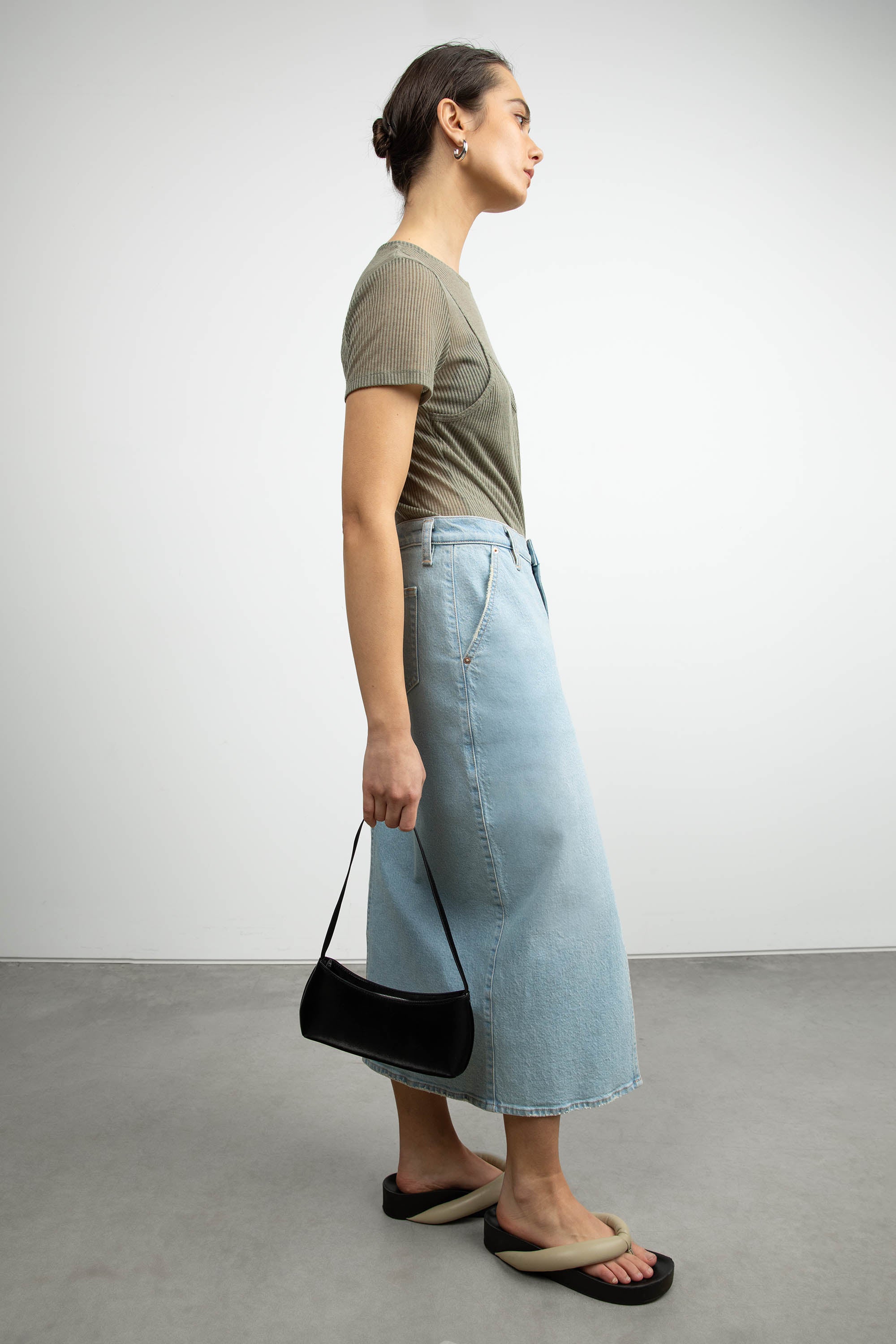 FRONT SLIT DENIM MIDI SKIRT Authentic For Sale