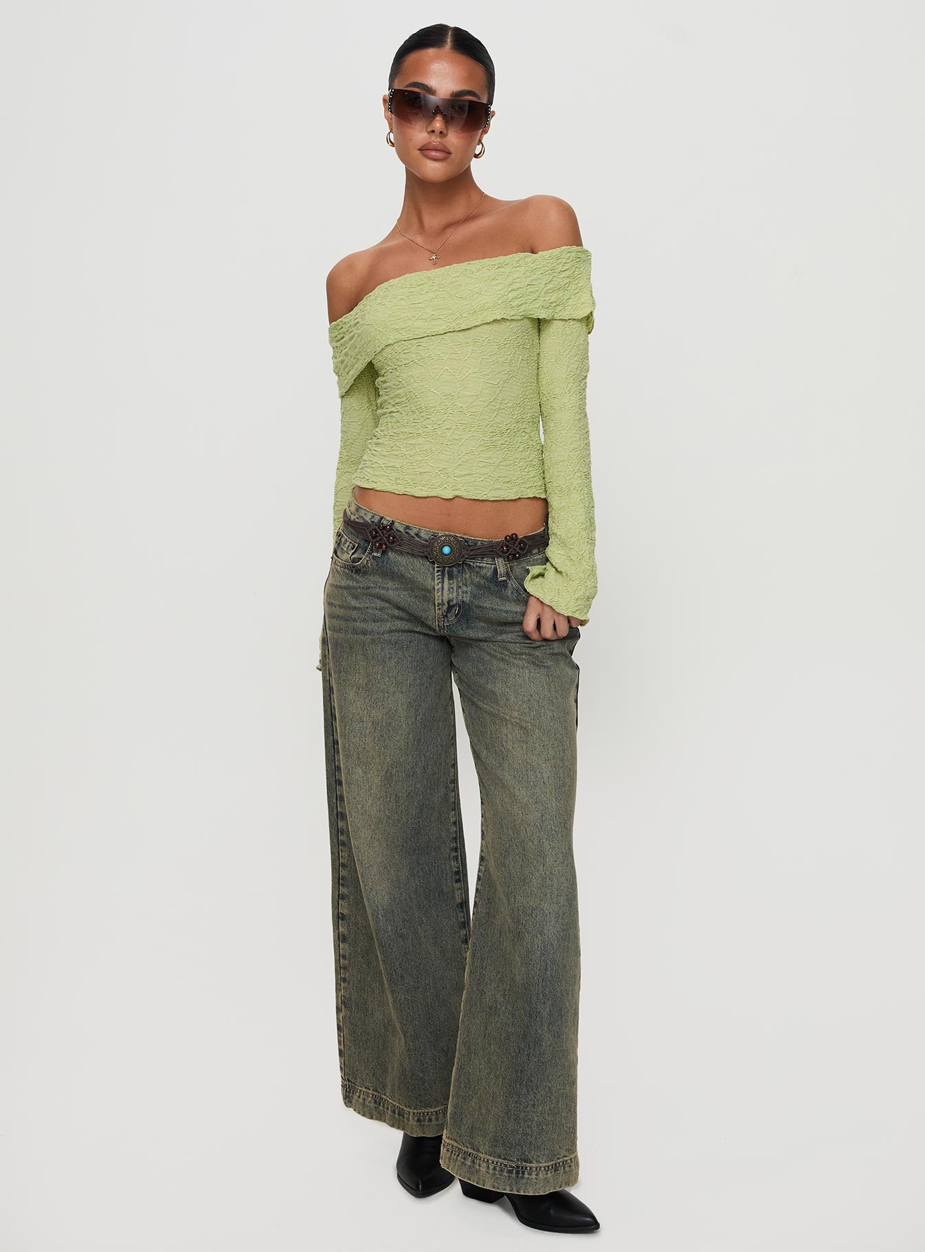 Back With Love Off Shoulder Long Sleeve Top Green Free Shipping Looking For