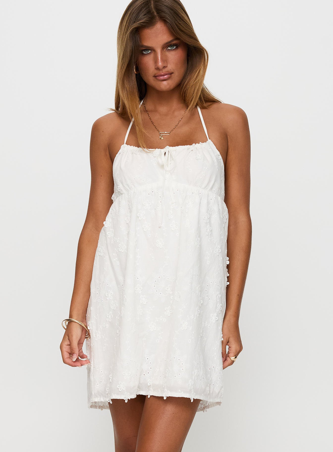 Daisy Chains Broderie Halter Mini Dress White Professional