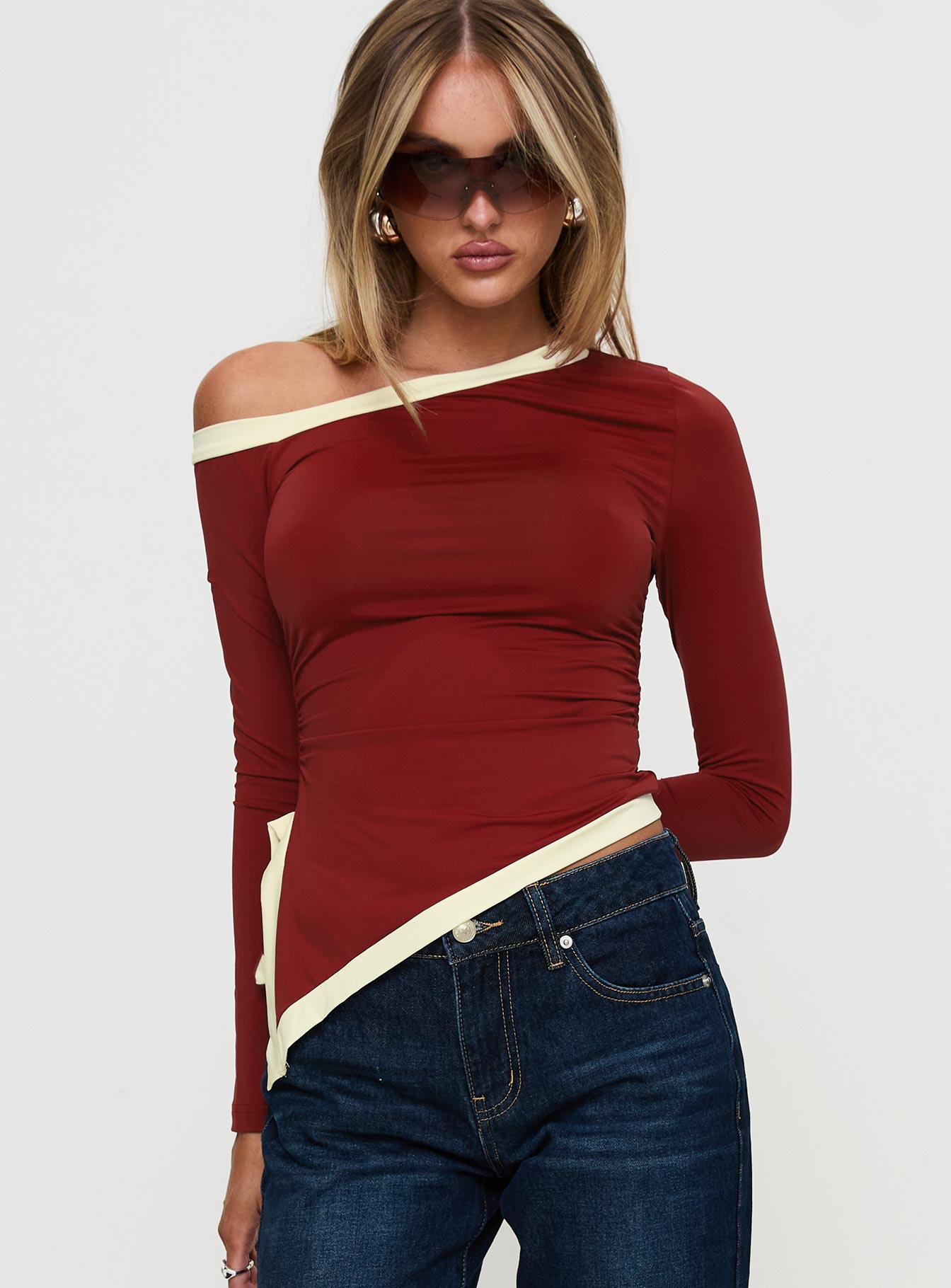 Fake Smile Long Sleeve Top Burgundy / Cream Sale Top Quality