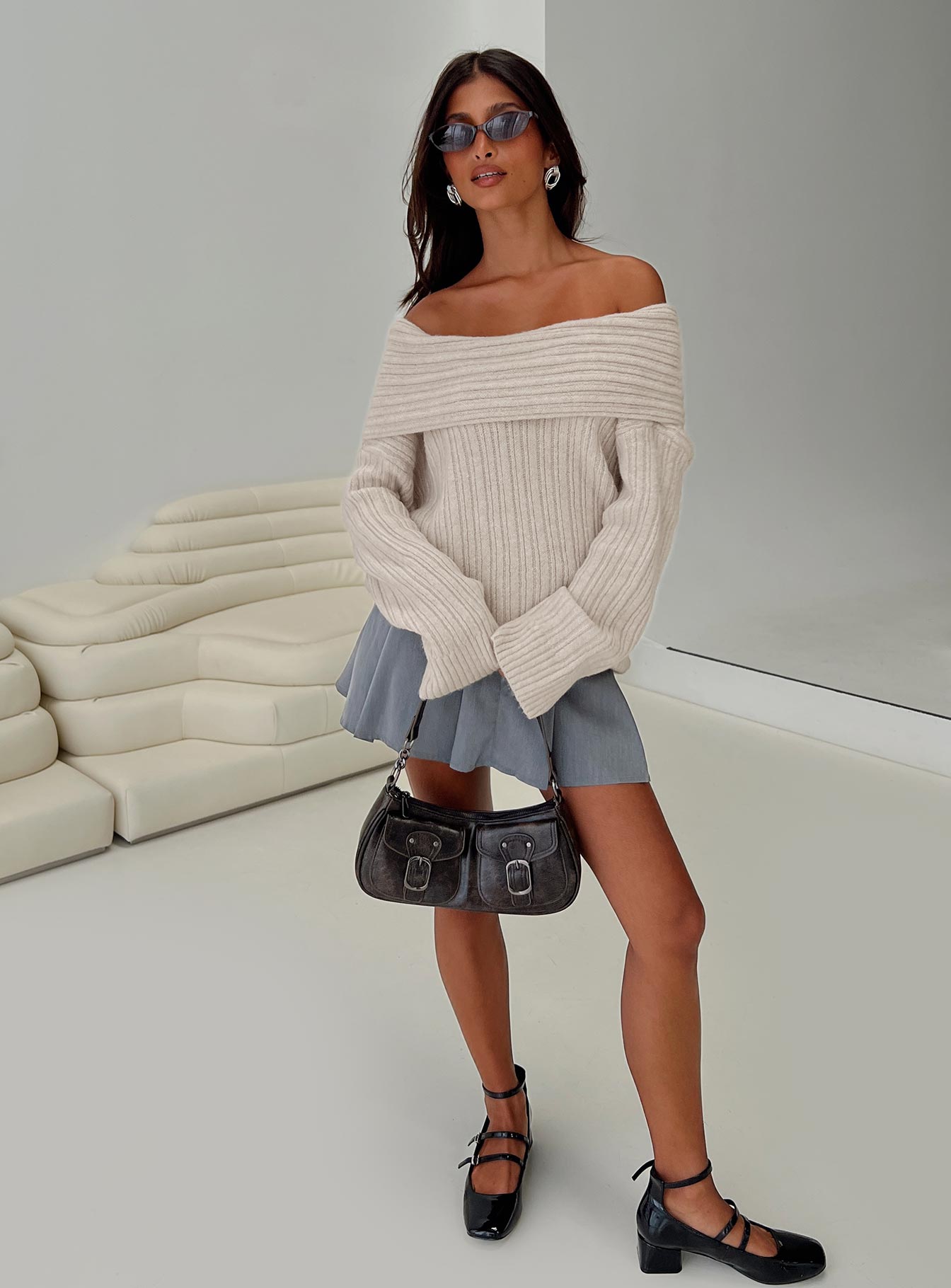 Mirrelle Off Shoulder Knit Sweater Beige Discount Best Store To Get