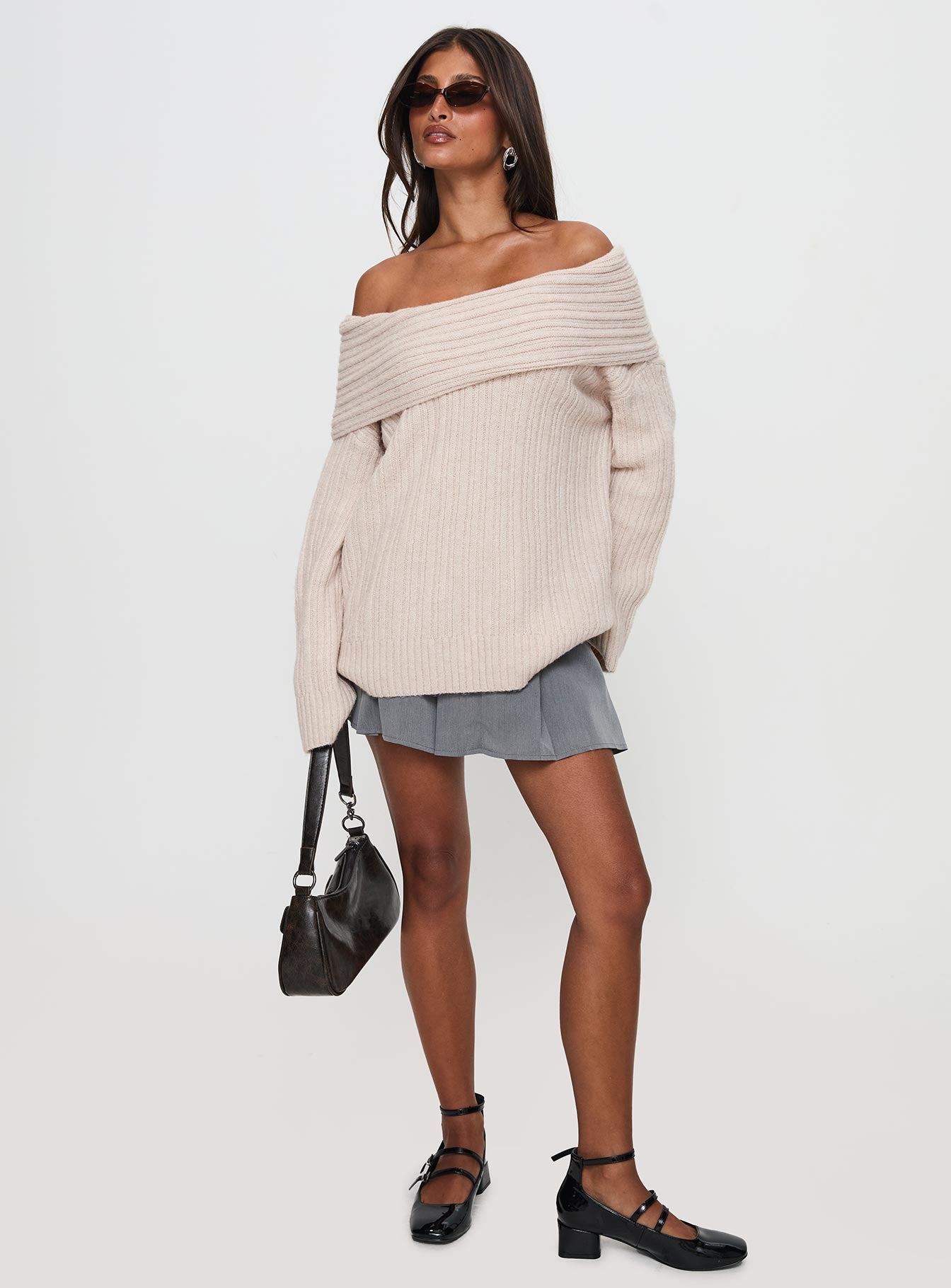 Mirrelle Off Shoulder Knit Sweater Beige Discount Best Store To Get