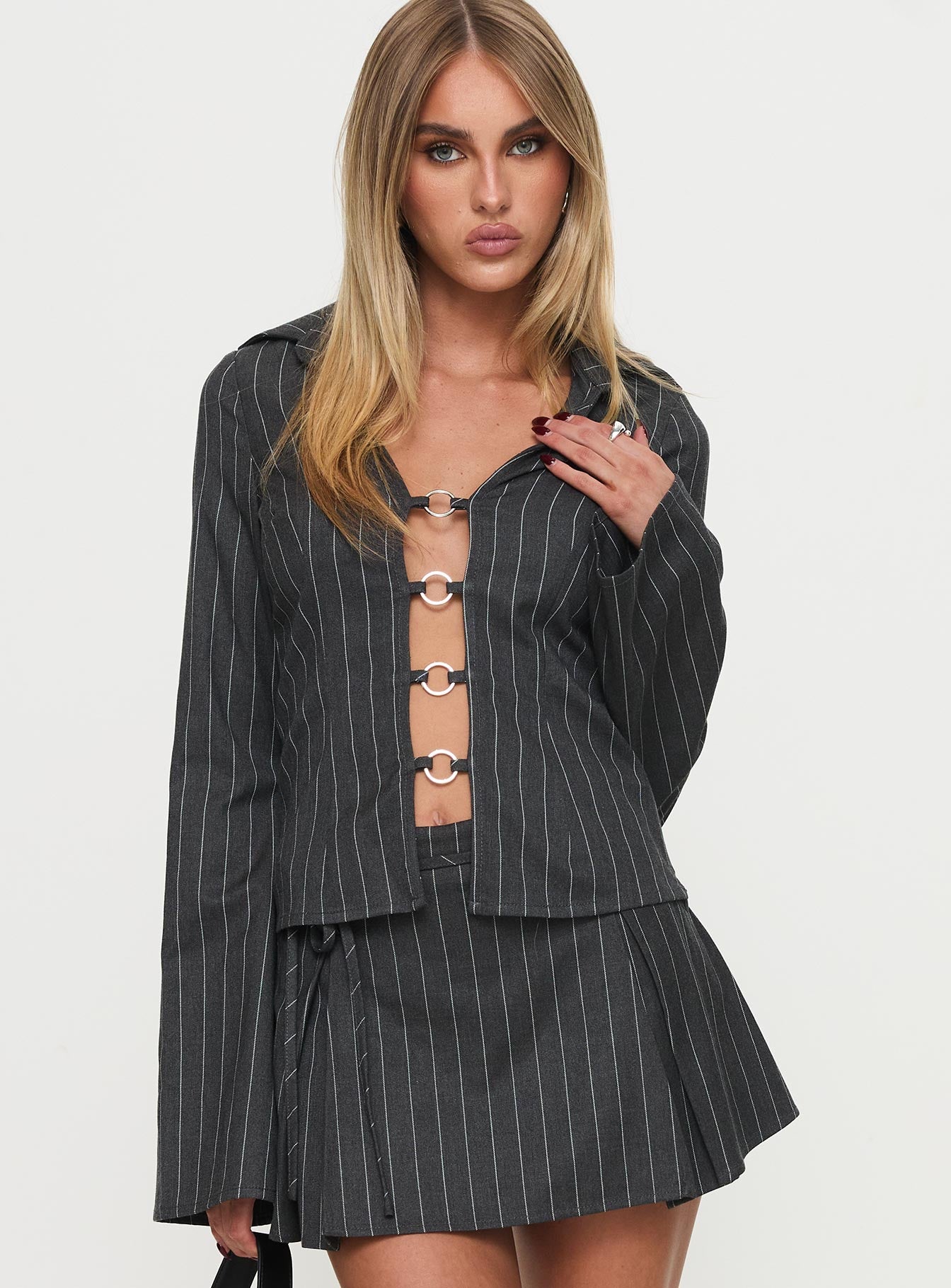 Saraya Long Sleeve Ring Top Grey Pinstripe Cheap Hot Sale