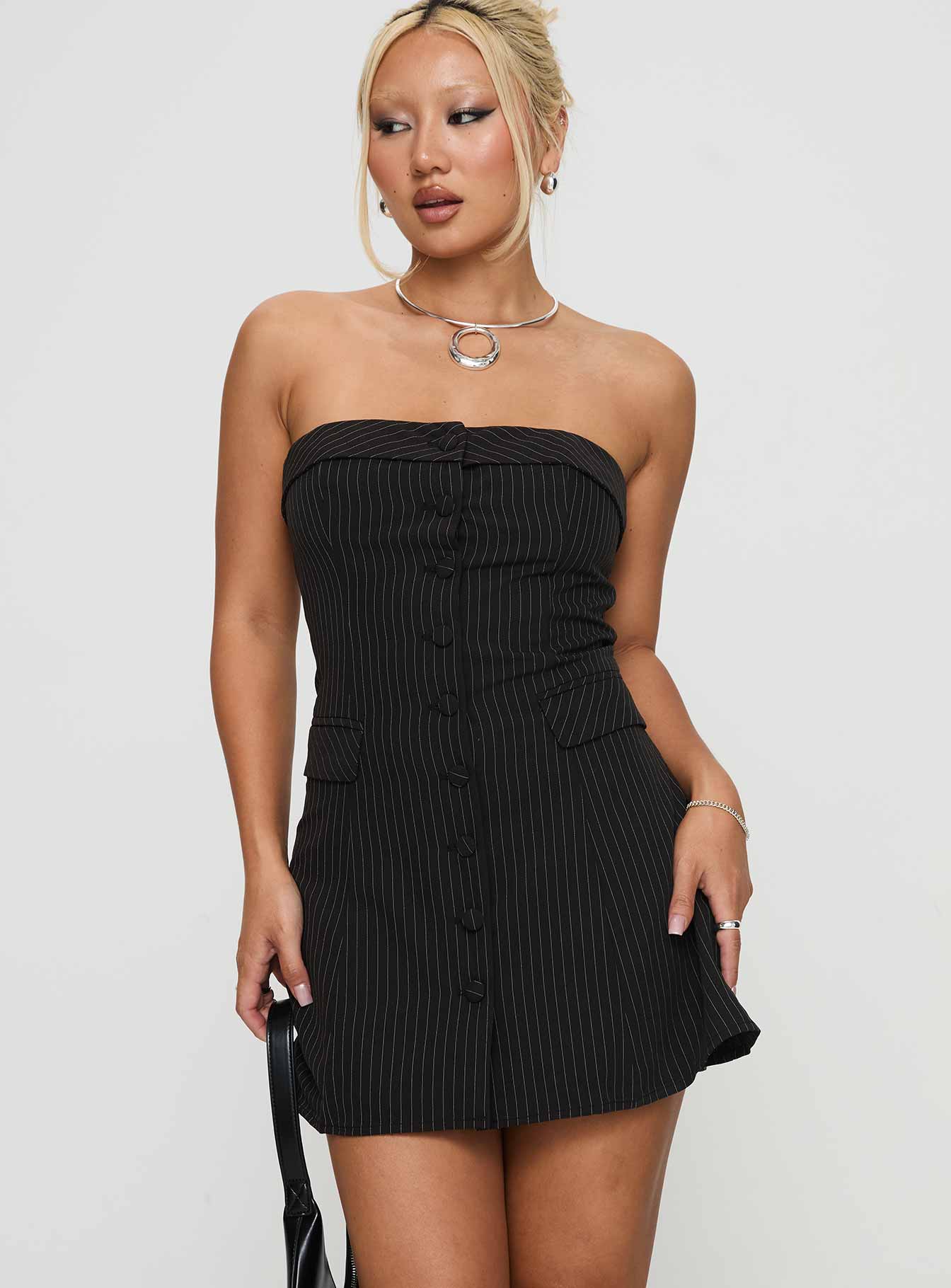 Change It Up Mini Dress Black / Pinstripe For Sale