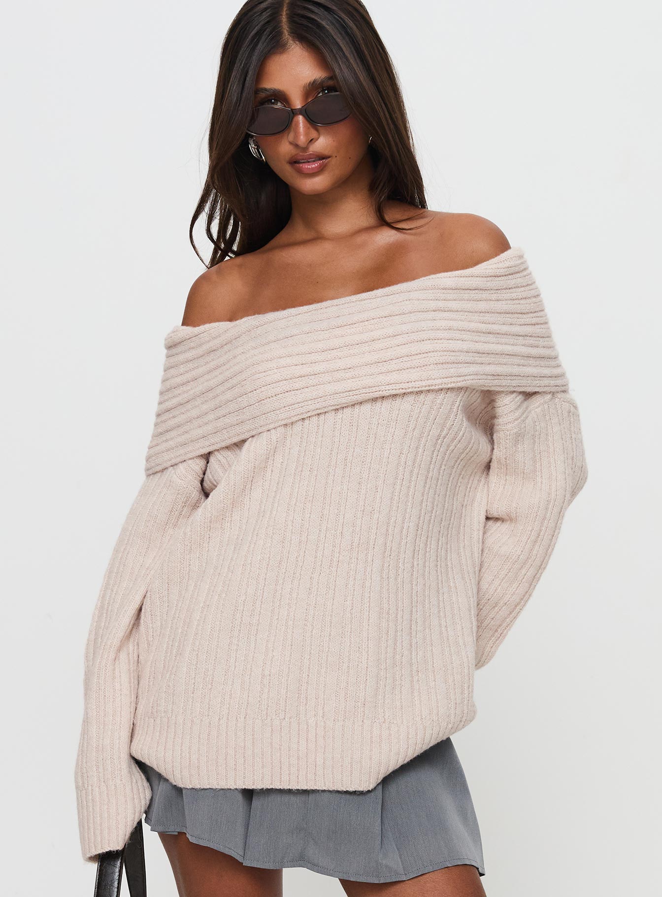 Mirrelle Off Shoulder Knit Sweater Beige Discount Best Store To Get