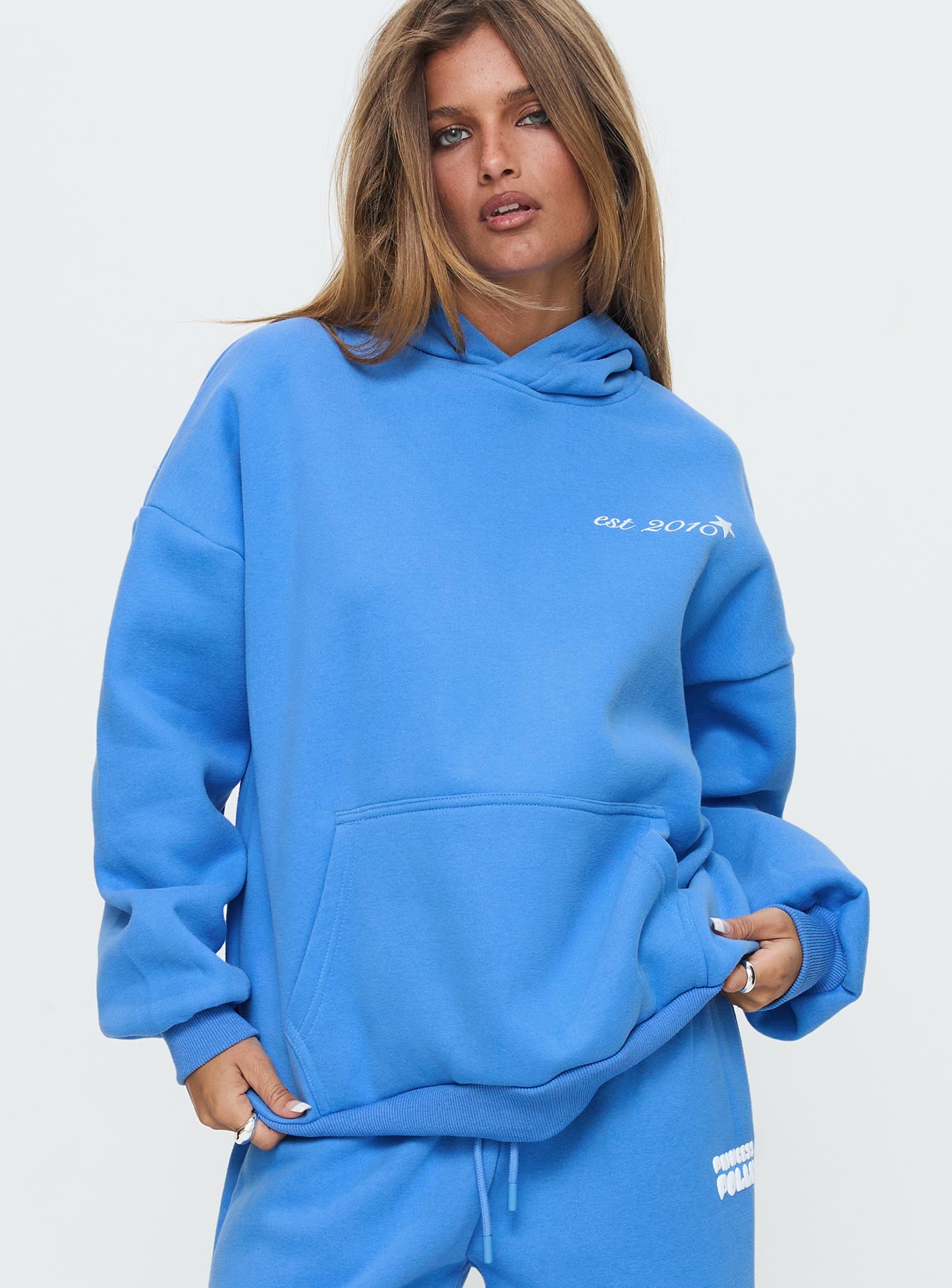 Princess Polly Hooded Sweatshirt Bubble Text Blue / White Pices For Sale