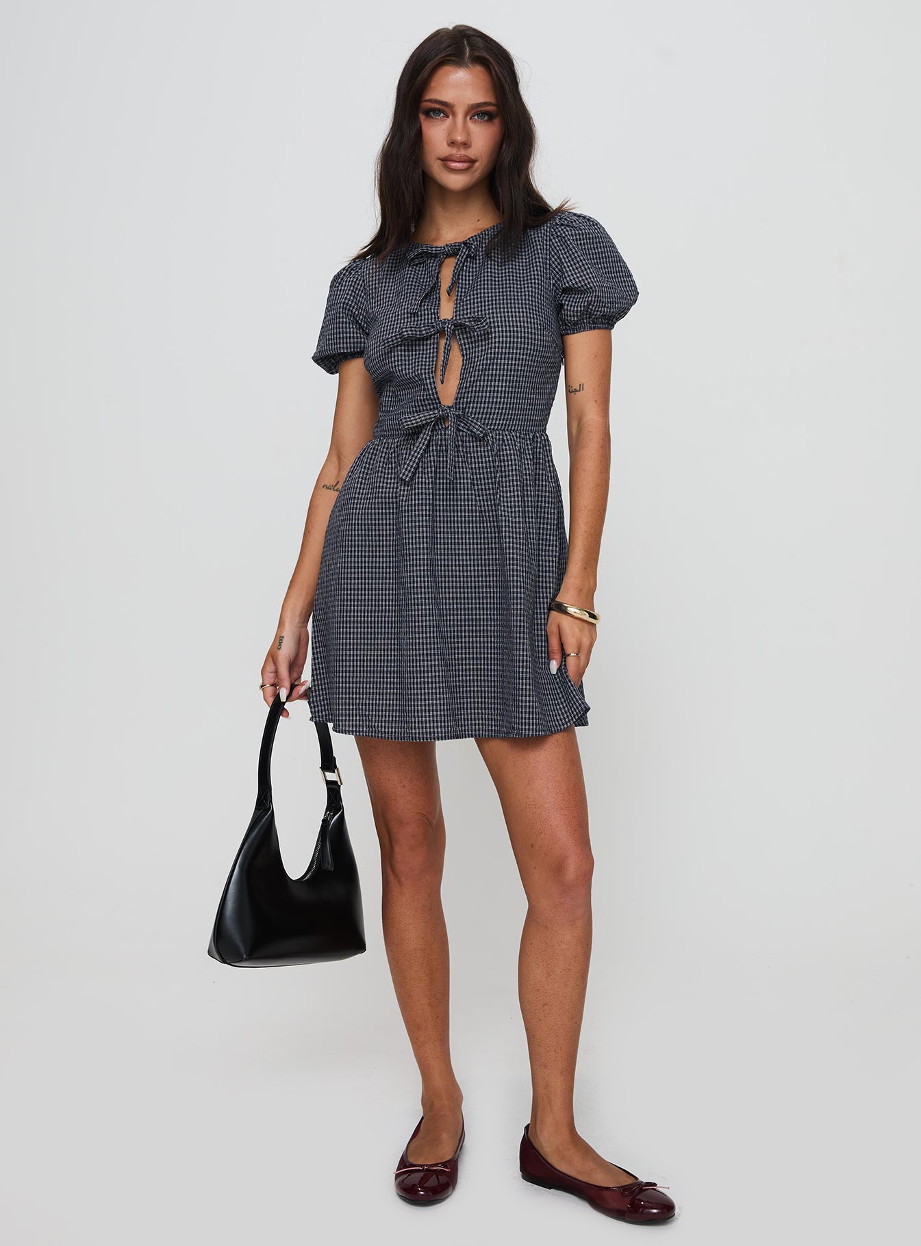 Nurture Bow Mini Dress Navy Check Cheap Best Sale