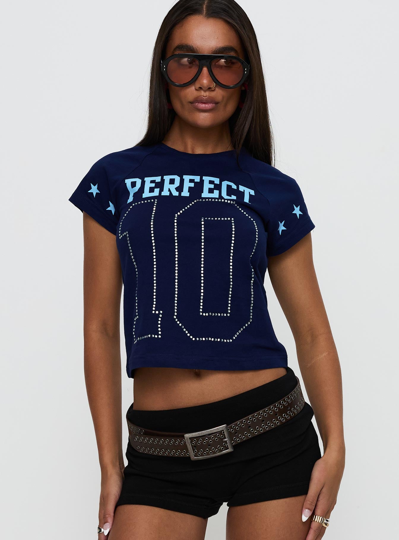 Perfect 10 Graphic Top Blue Discount Fashionable