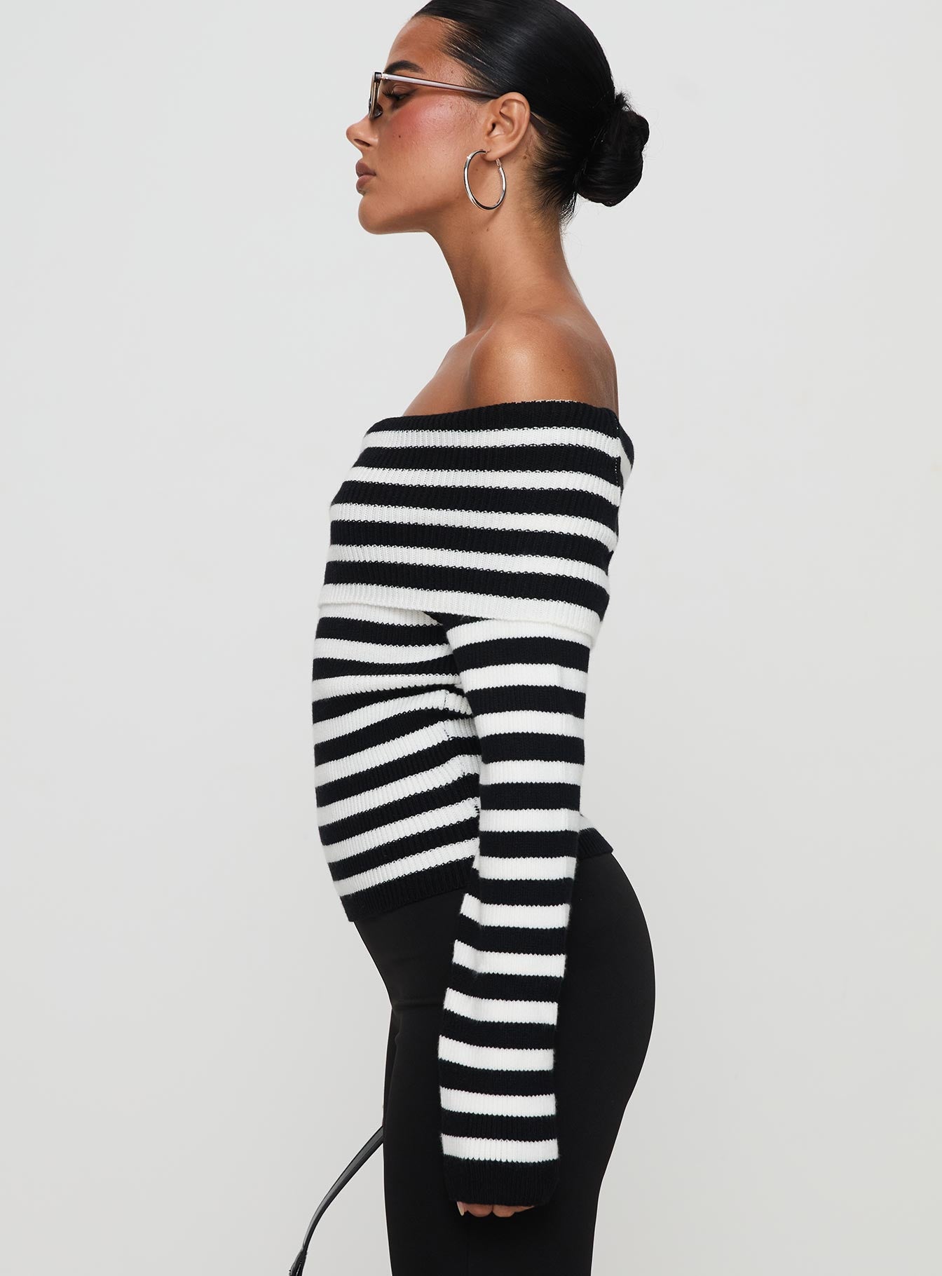 Danyel Off The Shoulder Sweater Black / White Stripe Sale Big Discount