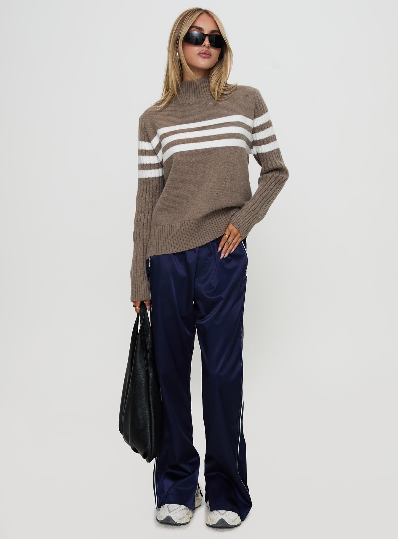 Bessemer Funnel Neck Knit Sweater Mocha Stripe Pay With Paypal For Sale