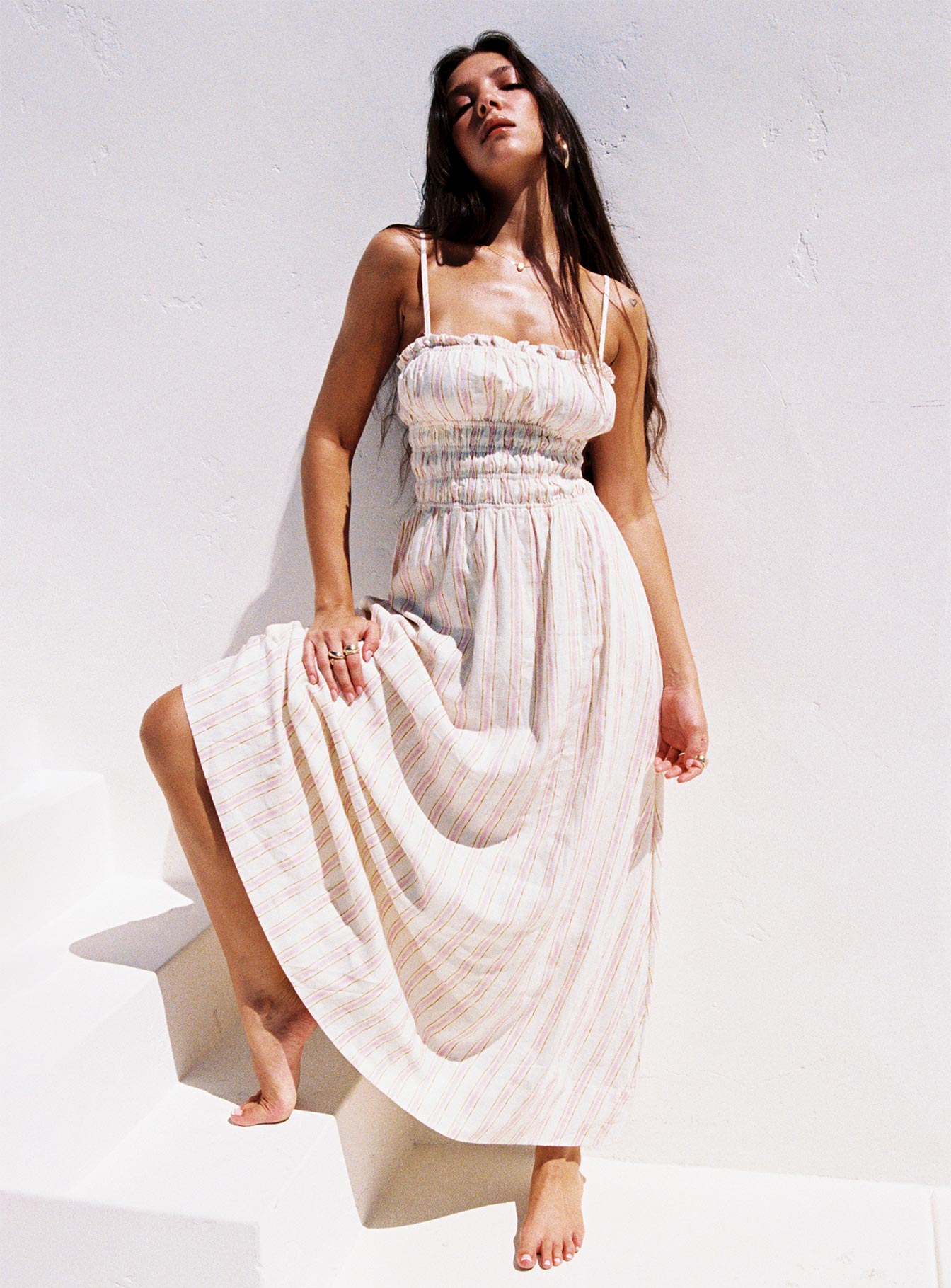 Persephone Shirring Linen Maxi Dress Pink Stripe Free Shipping Sale Online