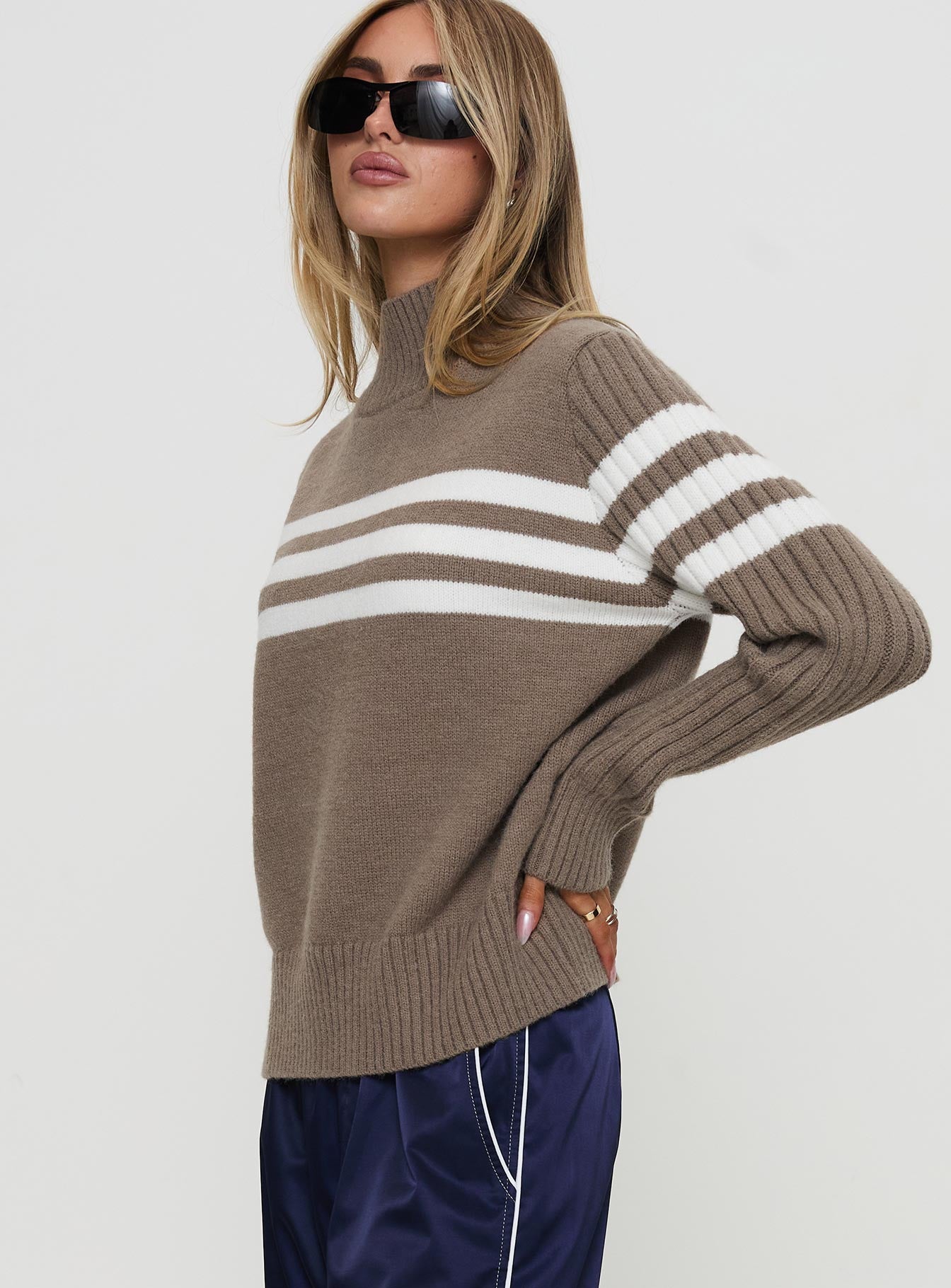 Bessemer Funnel Neck Knit Sweater Mocha Stripe Pay With Paypal For Sale